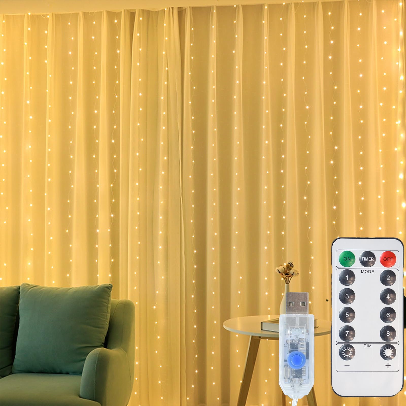 YAPJOY Curtain Fairy Lights Indoor, 300LED 3mx3m Waterfall Hanging USB Powered Fairy String Lights with Remote
