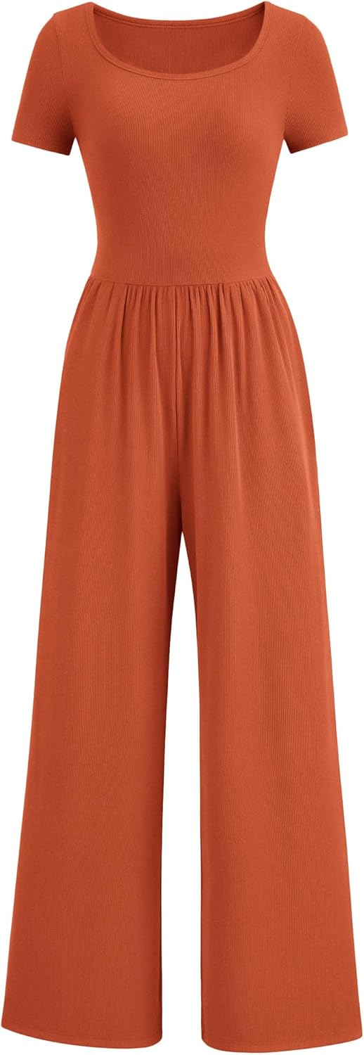 PRETTYGARDEN Women's Summer One Piece Jumpsuits Dressy Casual Short Sleeve Square Neck Wide Leg Jumpsuit Rompers