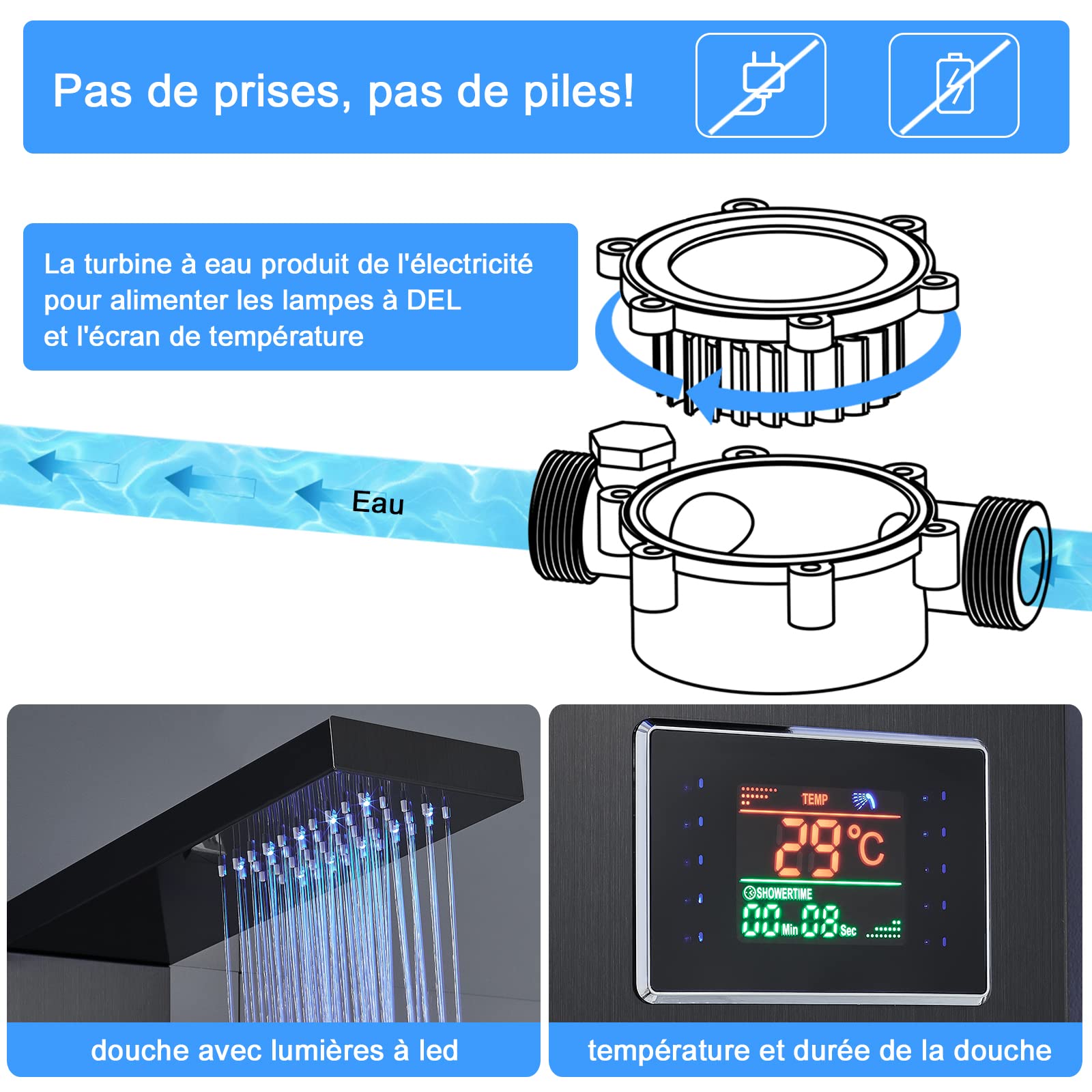 ROVOGO Panneau Colonne de Douche Hydromassante Led sans Robinetterie, 5 Fonctions: LED Douche Pluie, Jet de Massage, Douchette, Bec Bain déverseur et Affichage de La température, Acier Inox 304, Noir