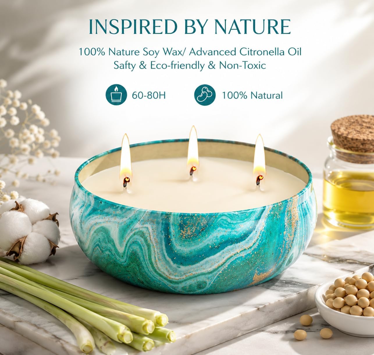 Large Citronella Candles Outdoor Decorative 36oz, 3 Wick Soy Wax Lemongrass Candle Set, Scented Candle Jar Candle Bulk Up to 240hrs, Summer Camping Candles for Patio, Garden, Balcony, Camping, BBQ