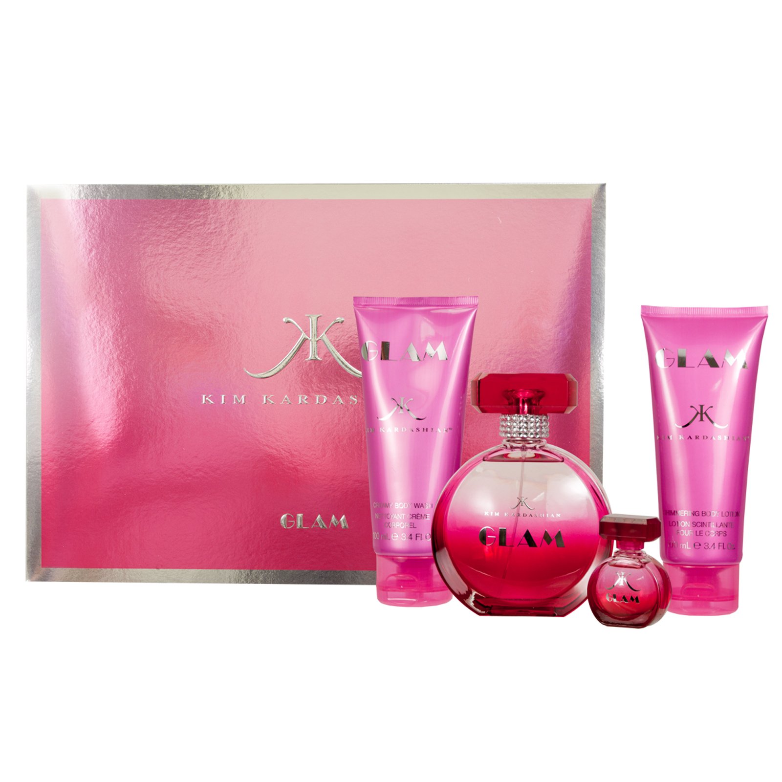 Kim KardashianGlam for Women Gift Set (Eau de Parfum Spray 3.4 Ounce, Eau de Parfum Spray 0.25 Ounce, Body, Body Wash)