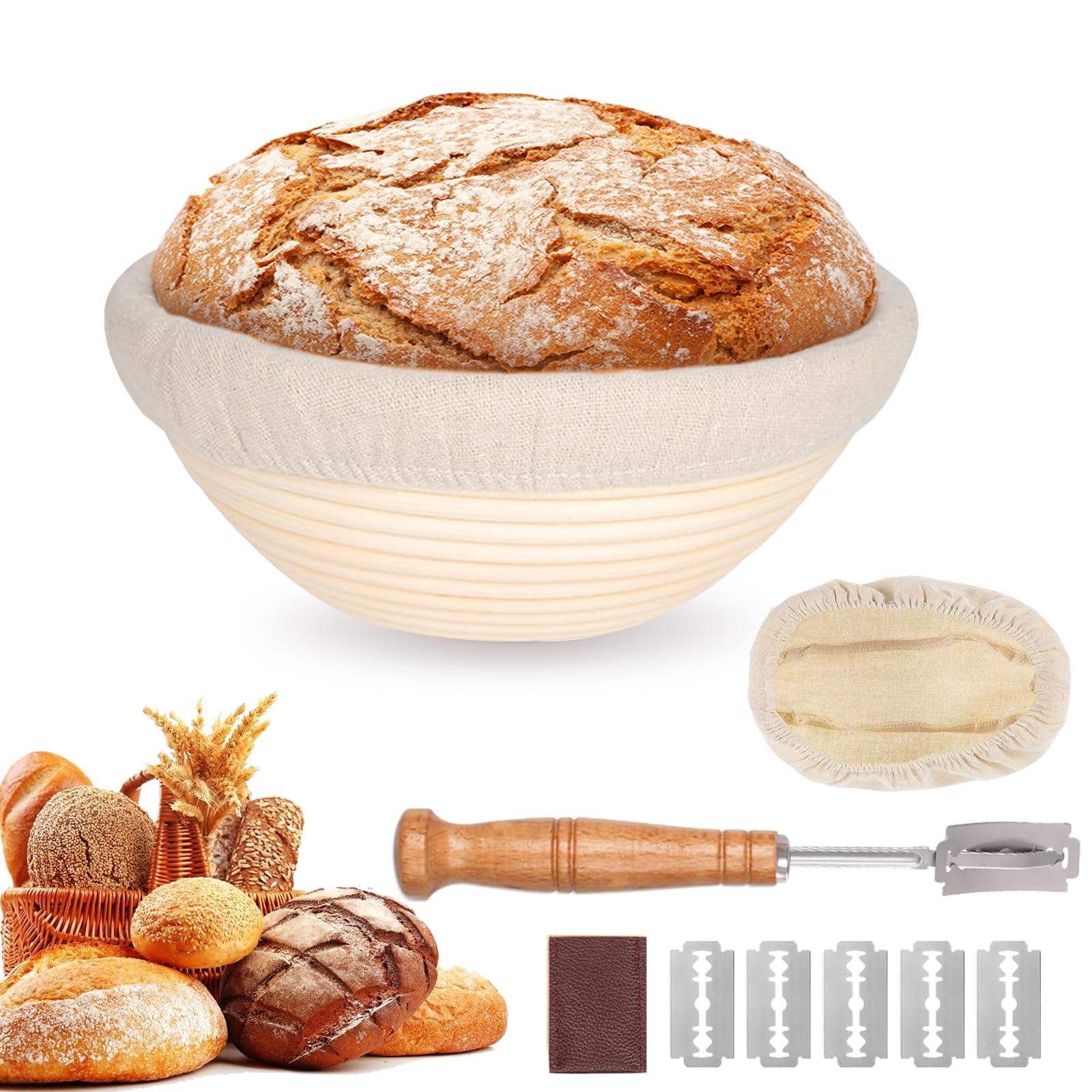 1er-Set Gärkörbchen, Gärkorb Brot Set, Runde Gärkorb Zum Brotbacken-Set, Brotkorb Mit Brotmesser mit fünf Klingen, Waschbarem Leineneinsatz, für Professionelle und Häusliche Bäcker, Brotbacken