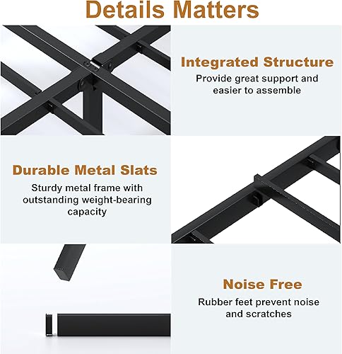 Vista 4 de Base de cama individual de 14 pulgadas con cabecero, plataforma de metal resistente, base de colchón de tamaño individual con listones de acero