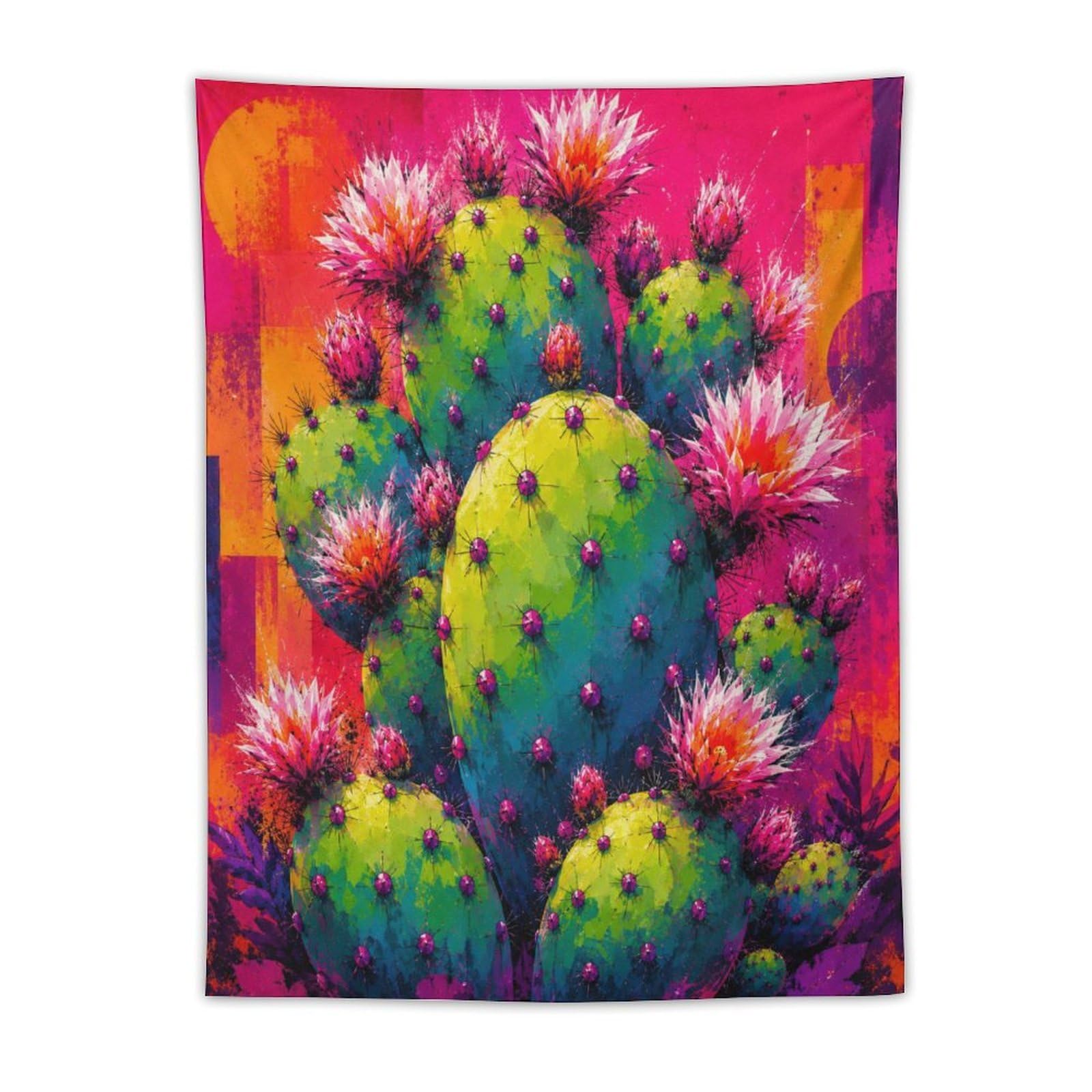 W7C8U2X3 Pink Cactus Color Blocks Wall Tapestry, Bold Neon Garden