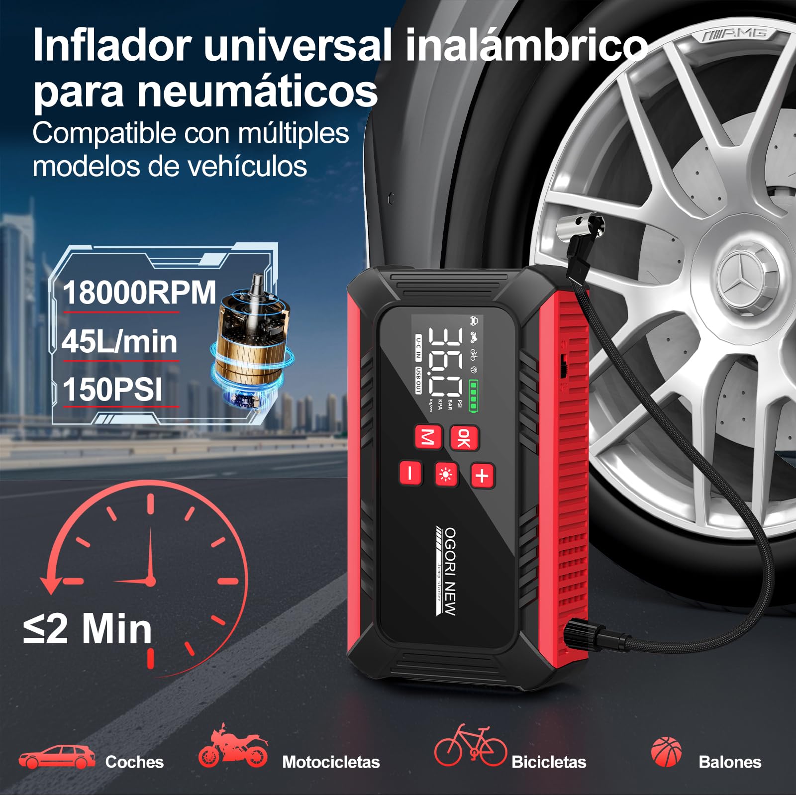 Arrancador de Baterias para Coche 6000A,OGORI NEW Arrancador de Coche con Compresor Aire Portatil(10L de Gasolina/8L de Diésel),Jump Starter con Modo Linterna de 3 LED