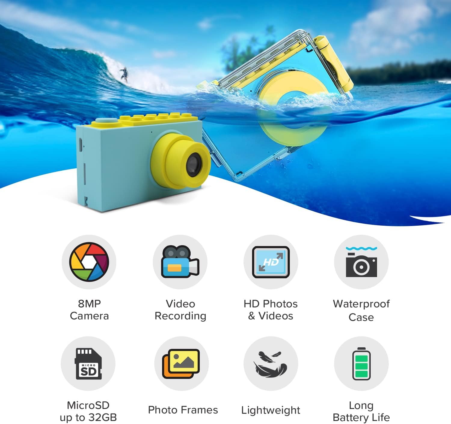 myFirst Camera 2 - Kids Action and Underwater Camera, 8MP 1080P HD Video, Webcam, for Toddler, Tripod Mount, MicroSD Card, Neck Lanyard, Christmas or Birthday Gift for Kids 3-12 (Blue)