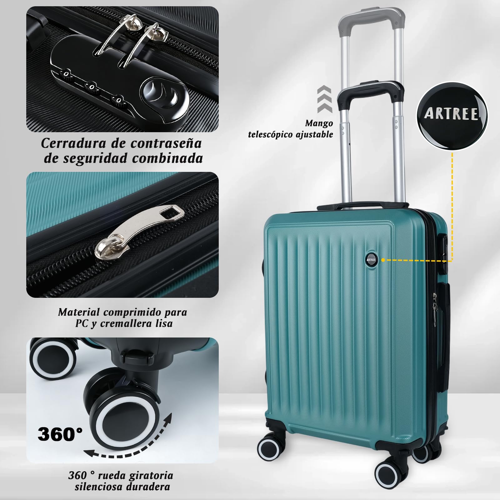 Maleta de Cabina 55x40x20cm, Trolley de Cabina Rígido Resistente Ligera de ABS Ruedas 360° con Tirador telescópico y Cerradura Seguridad, Apto para Vueling, Ryanair, EasyJet(Verde Metalizado)