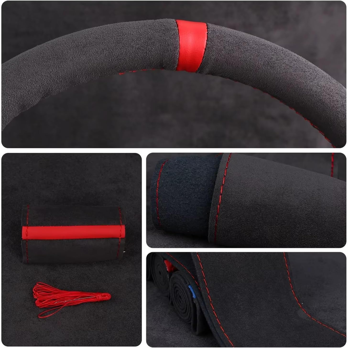 Car Steering Wheel Covers Car Steering Wheel Cover DIY Hand Sewing Soft Braiding for Auto Wheel Steering Protector(Red Thread)