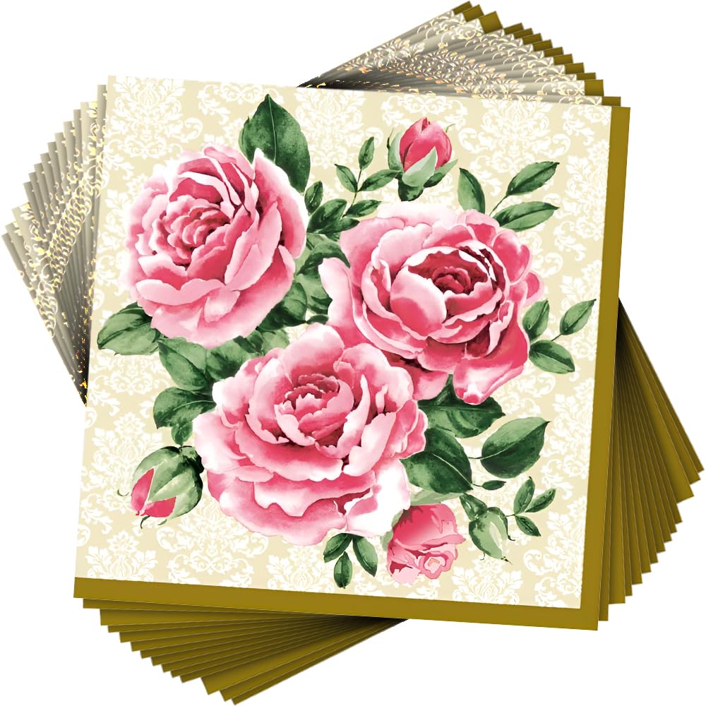 Dining Collection Trio of Pink Roses Paper Disposable Lunch Napkins, Pack of 20 - Elegant Floral Design, Perfect for Parties, & Entertaining