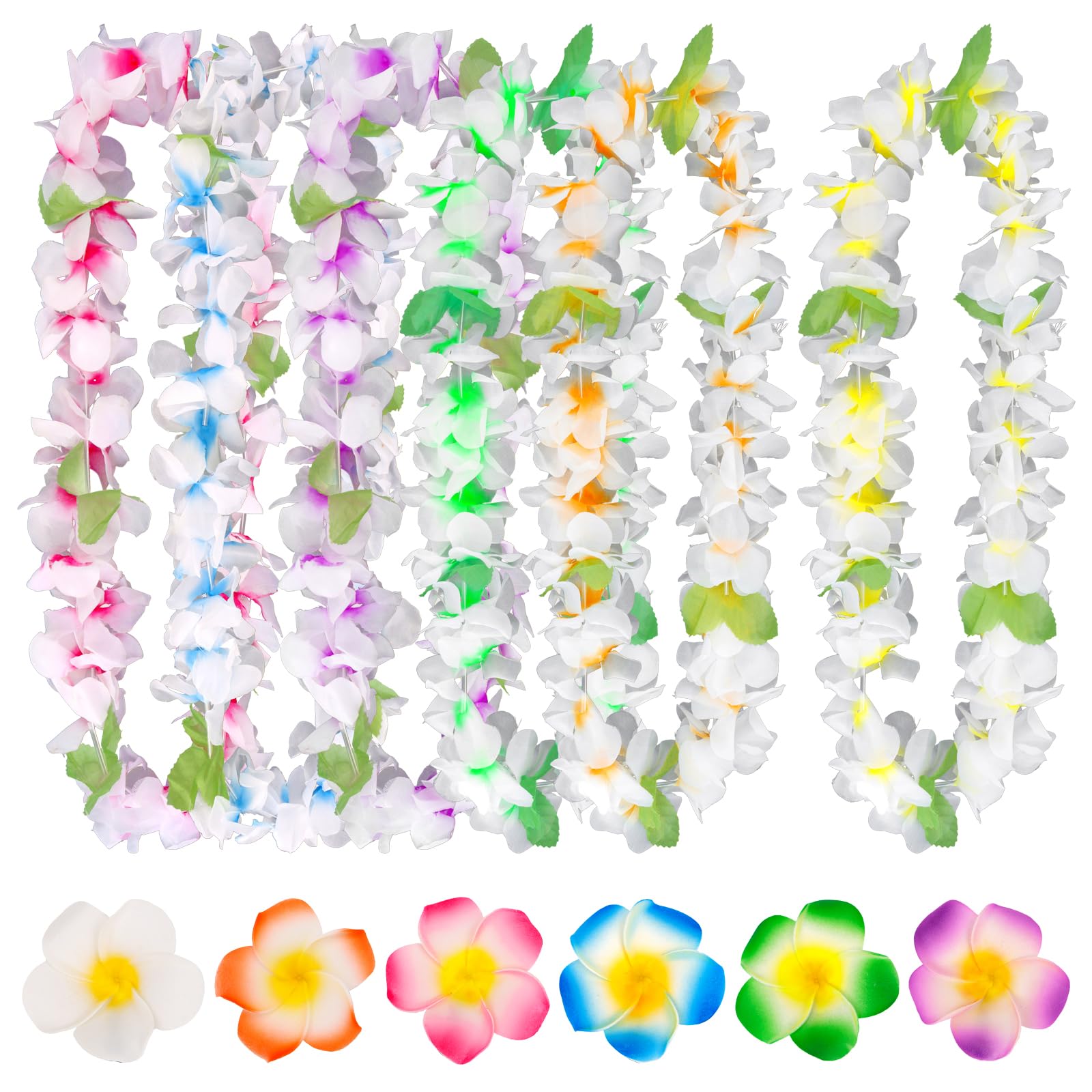 12Pieces Hawaiian Garlands 6 Artificial Flower Leis Necklaces & 6 Plumeria Flower Hair Clips for Luau Party Tropical Themed Party Beach Theme Birthday Party Supplies