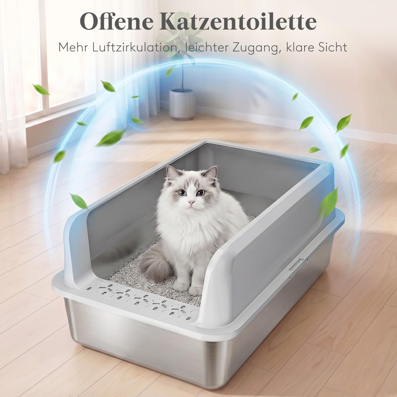 Lifewit Große Katzenklo Edelstahl mit Schaufel, Offene Katzentoilette mit hohem Rand für Mittelgroße und Große Katzen, Geruchsarm Katzen Klo, Cat Litter Box, leicht zu reinigen, 58x37x26cm, Grau