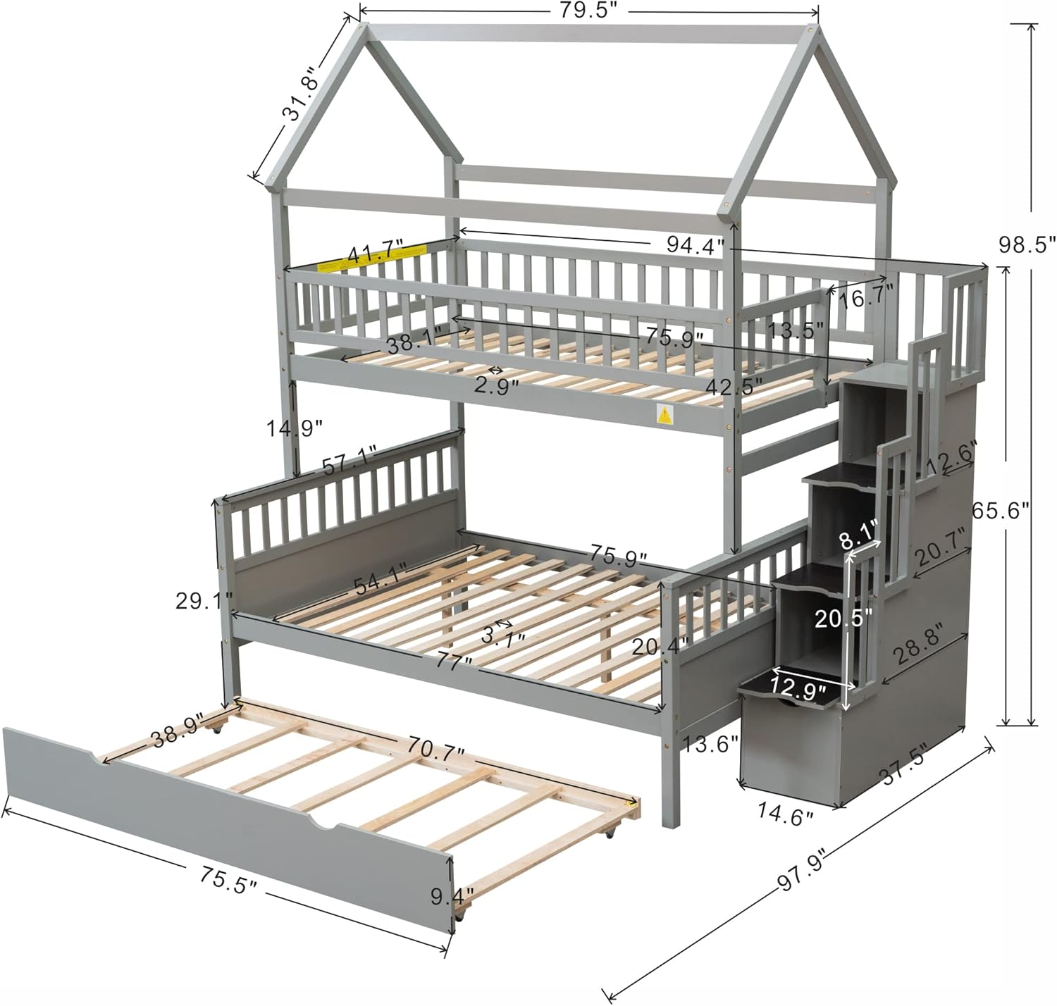 Buy Merax Twin Over Full House Bunk Bed with Storage Staircase, Solid Wood Bunk Bed with Trundle