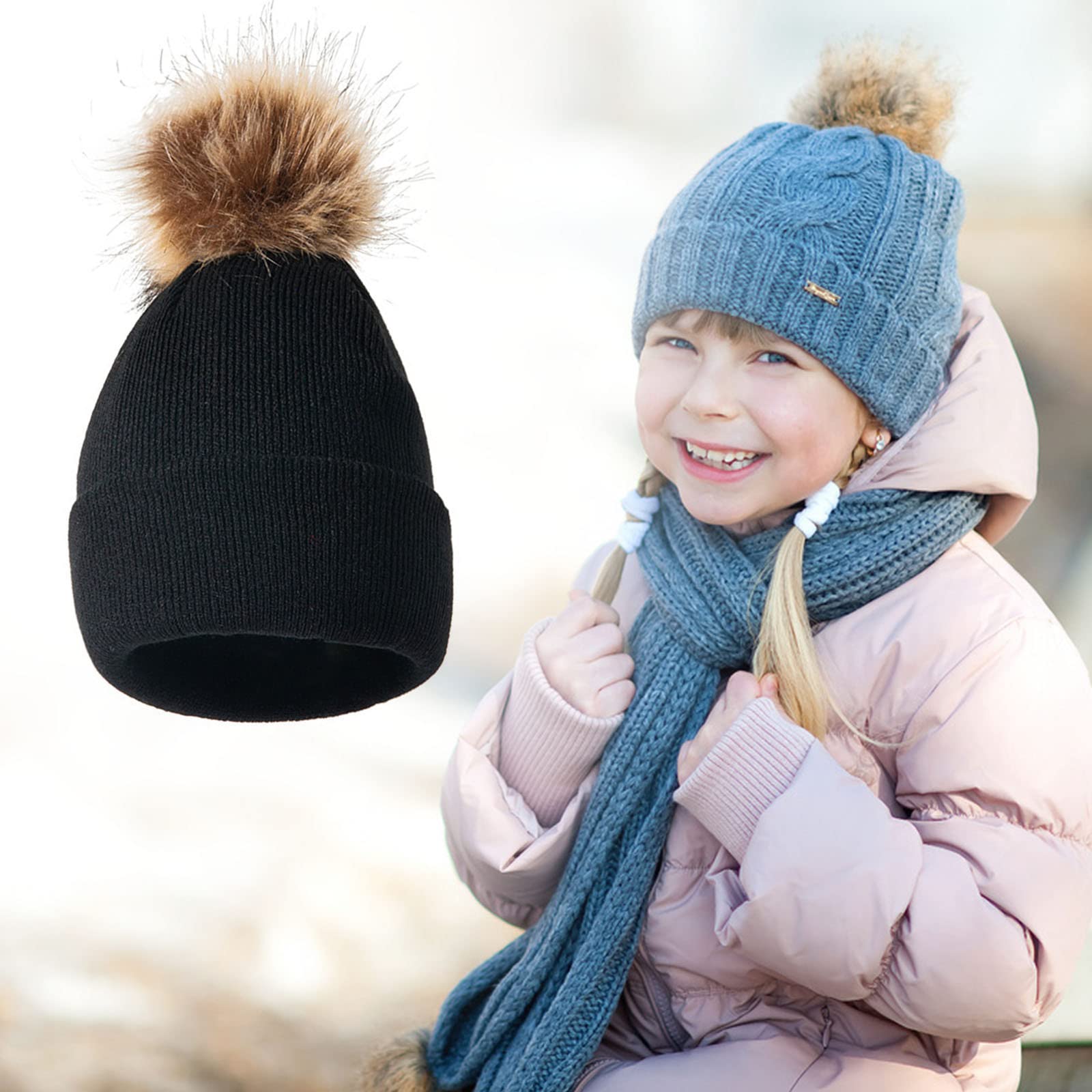 Gorro Cálido de Invierno, Gorro para Niñas Y Niños Hecho de Algodón Fino, Gorro de Punto con Forro de Invierno, Gorro para Niños Pequeños, Gorro Cálido para Invierno/Black/One Size