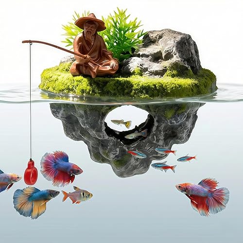 Aquarium Floating Island Decoration with Interactive Fish Feeding Hook,Fish Tank