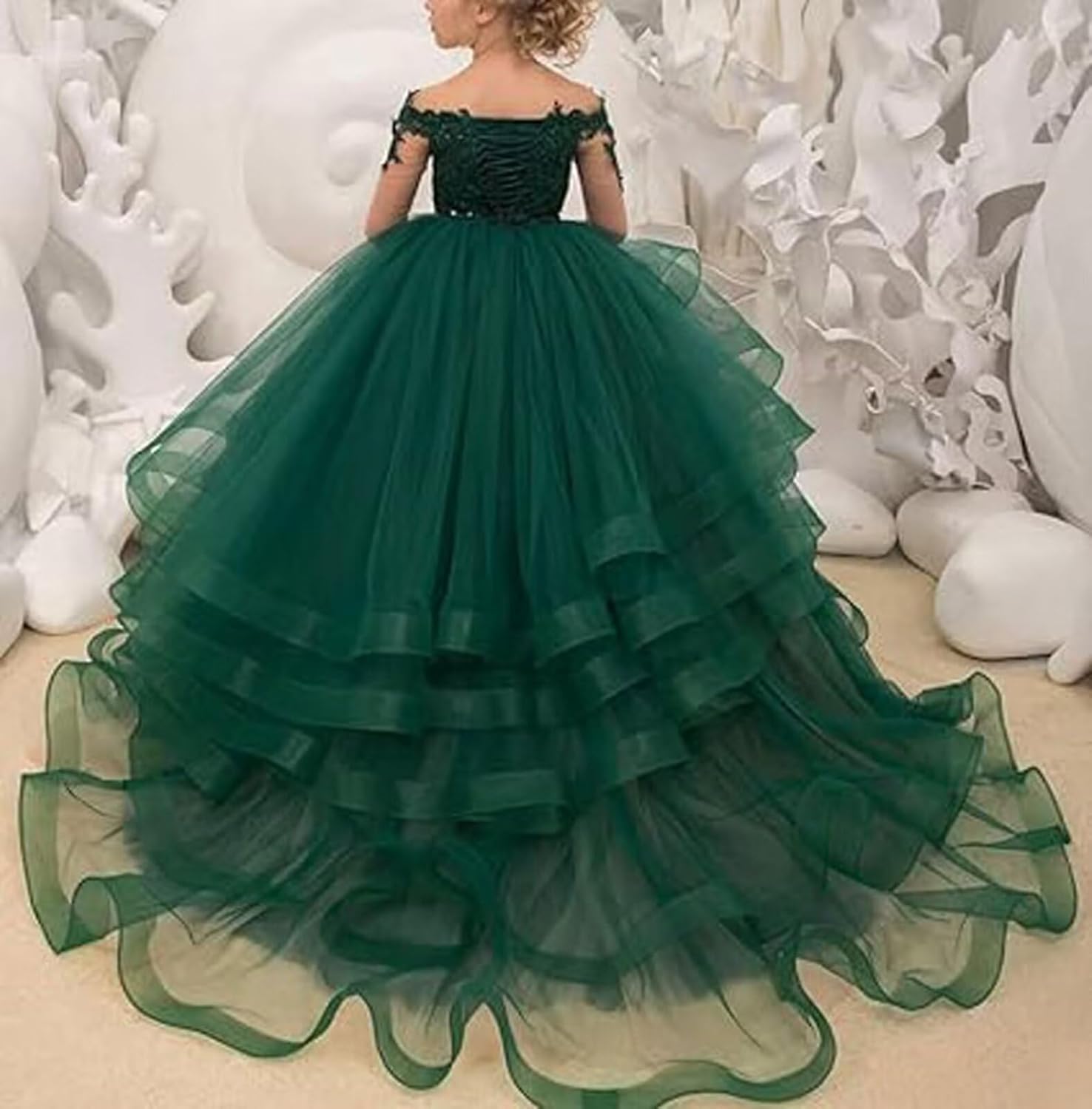 Flower Girl Dresses for Wedding Long Sleeve Tulle Tiered Princess Pageant Dresses for Girls Ruffles Prom Ball Gown - Image 3