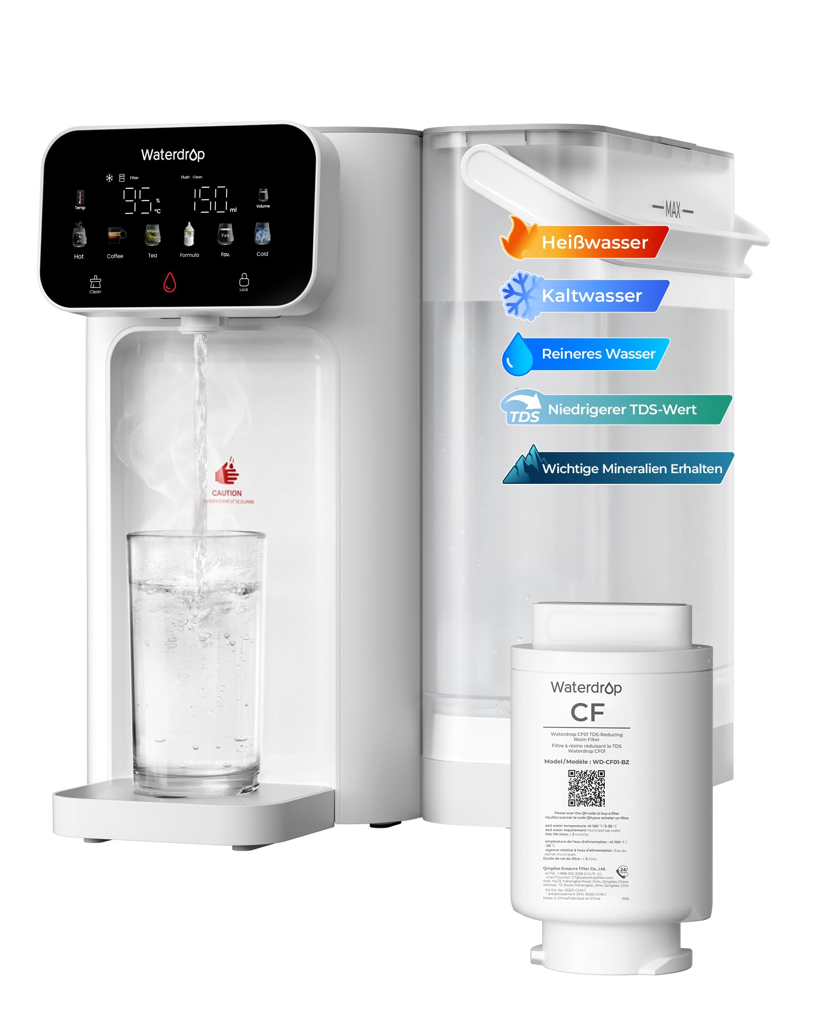 Waterdrop CT01 Heiß & Kalt Wasserspender mit Filter, Reduziert TDS, Kalk & Chlor, Erhält Wichtige Mineralien, 8-Stufen-Filtration mit UV-Sterilisation, Mehrere Temperaturstufen (15-95℃), Touchscreen