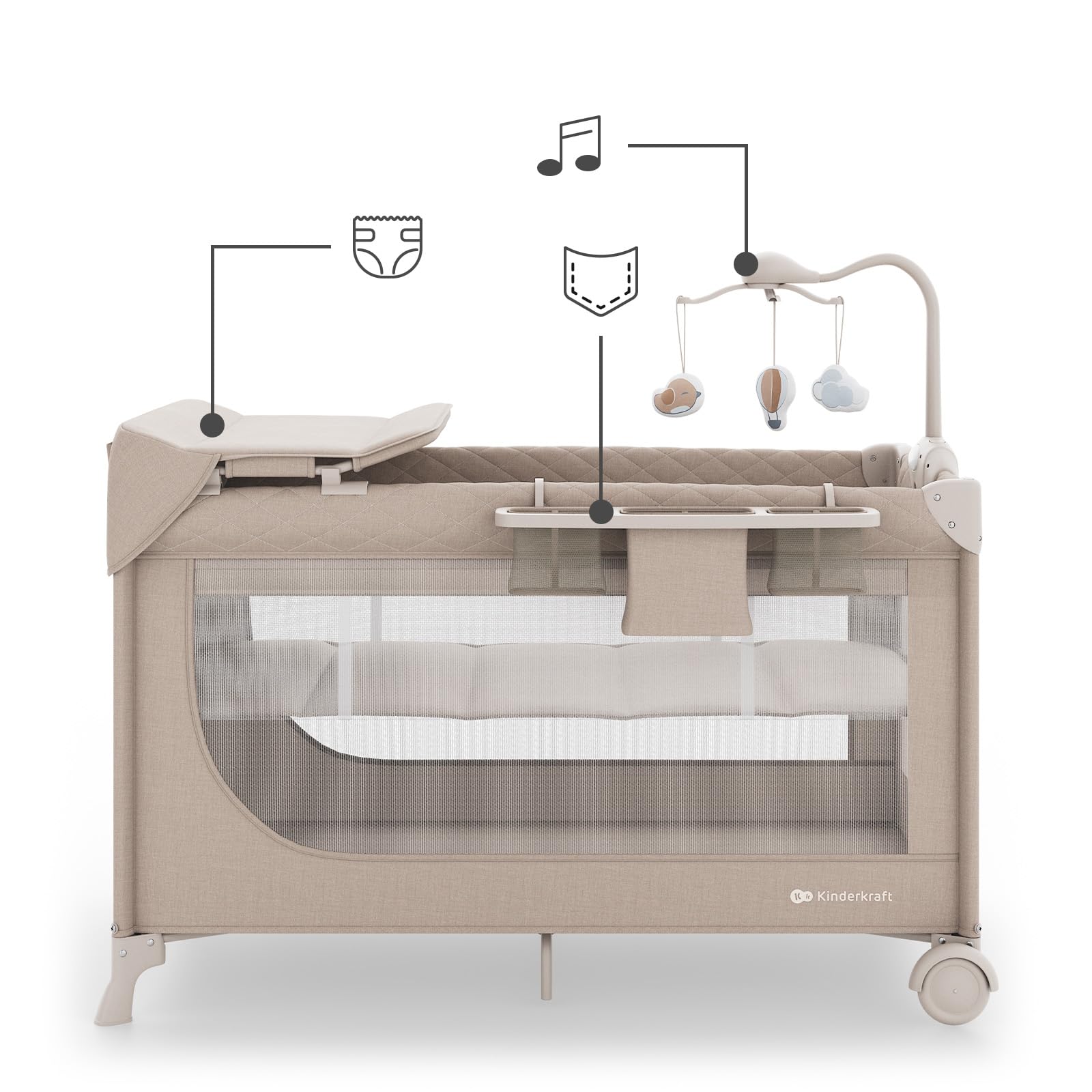 Kinderkraft LEODY UP, 2-in-1 Kinder- und Reisebett, Laufstall, klappbar, mit 2 Bodenhöhen, Rollen mit Arretierung, Seiteneinstieg, Mesh-Seiten, Tragetasche, Beige