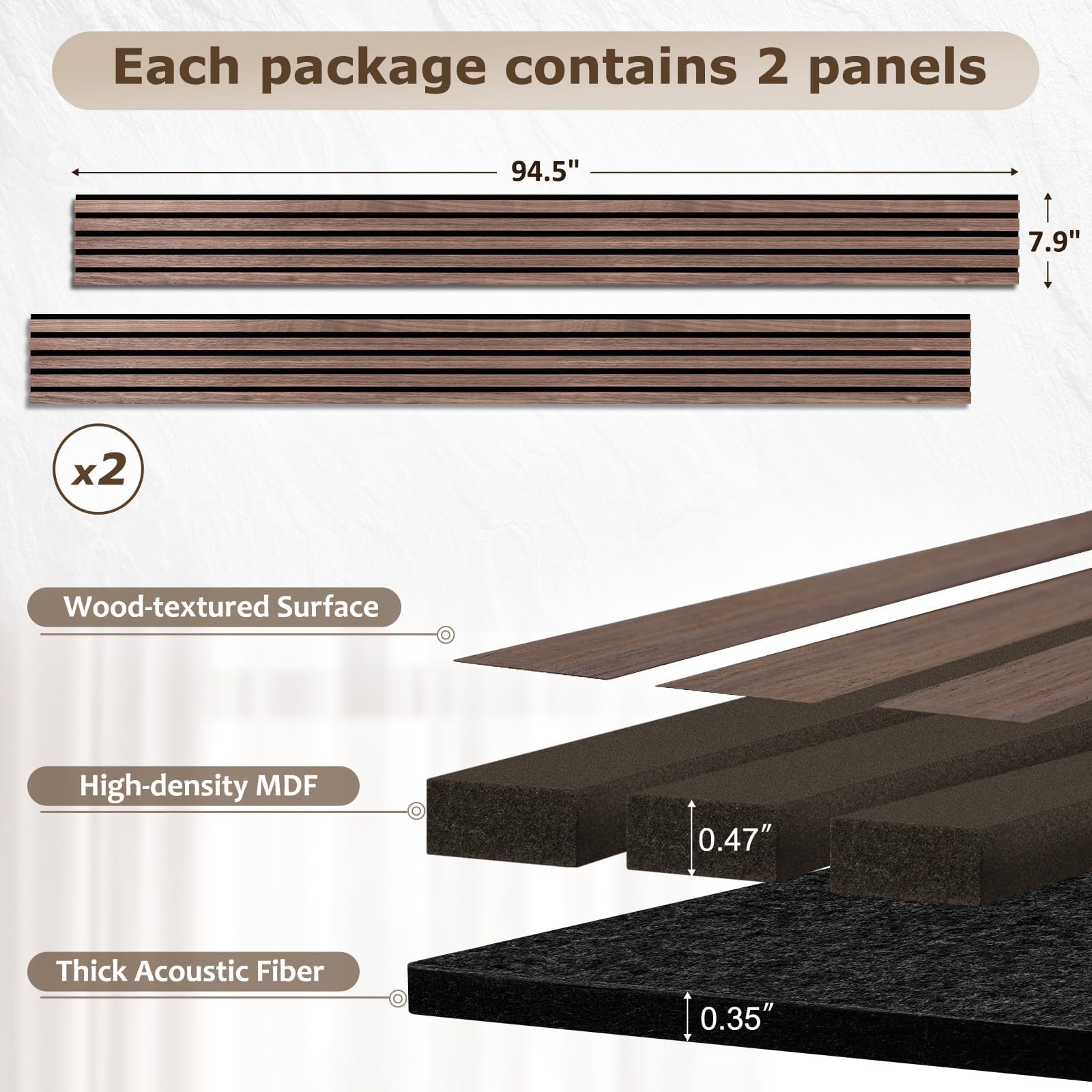 DOLLAR BOSS Acoustic Wood Panels 94.5" x 7.9" 2-Pack - Soundproof Wall Tiles with 3D Fluted Design, Eco-Friendly MDF & Fiberboard, Easy Install for Studio/Office/Bedroom (Walnut)