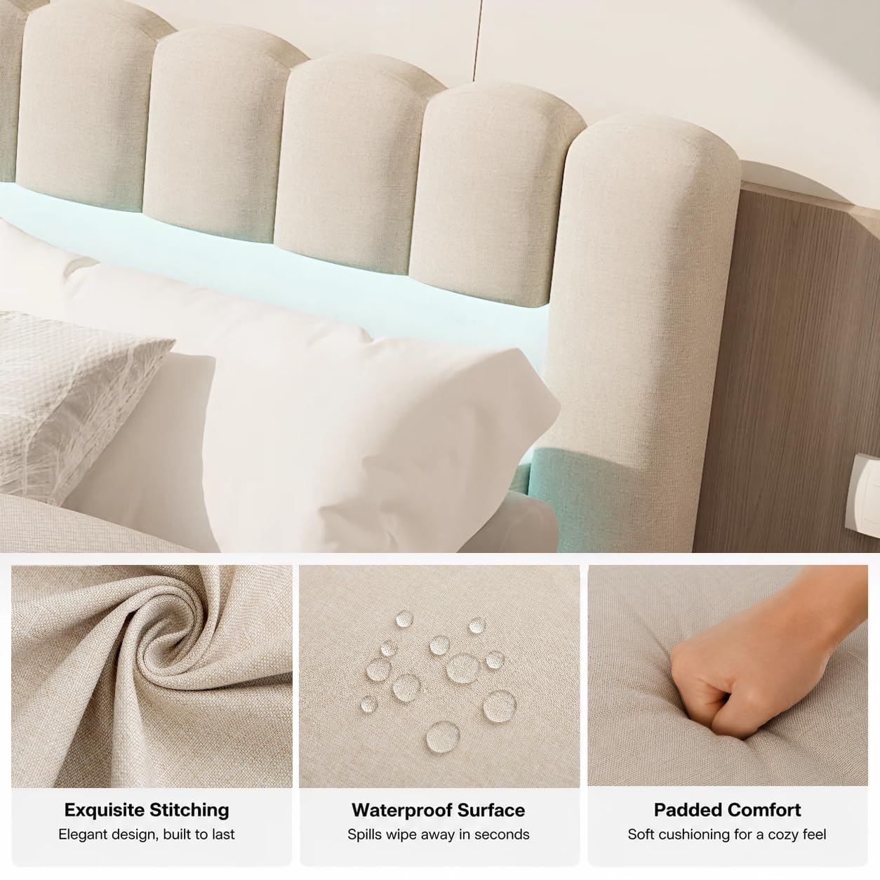 Cama tapizada 180x200 con Almacenamiento hidráulico, Cama Doble con LED y USB, Cama Juvenil con Cabecero Acolchado y Base de Láminas, Lino (Beige, 180 x 200cm