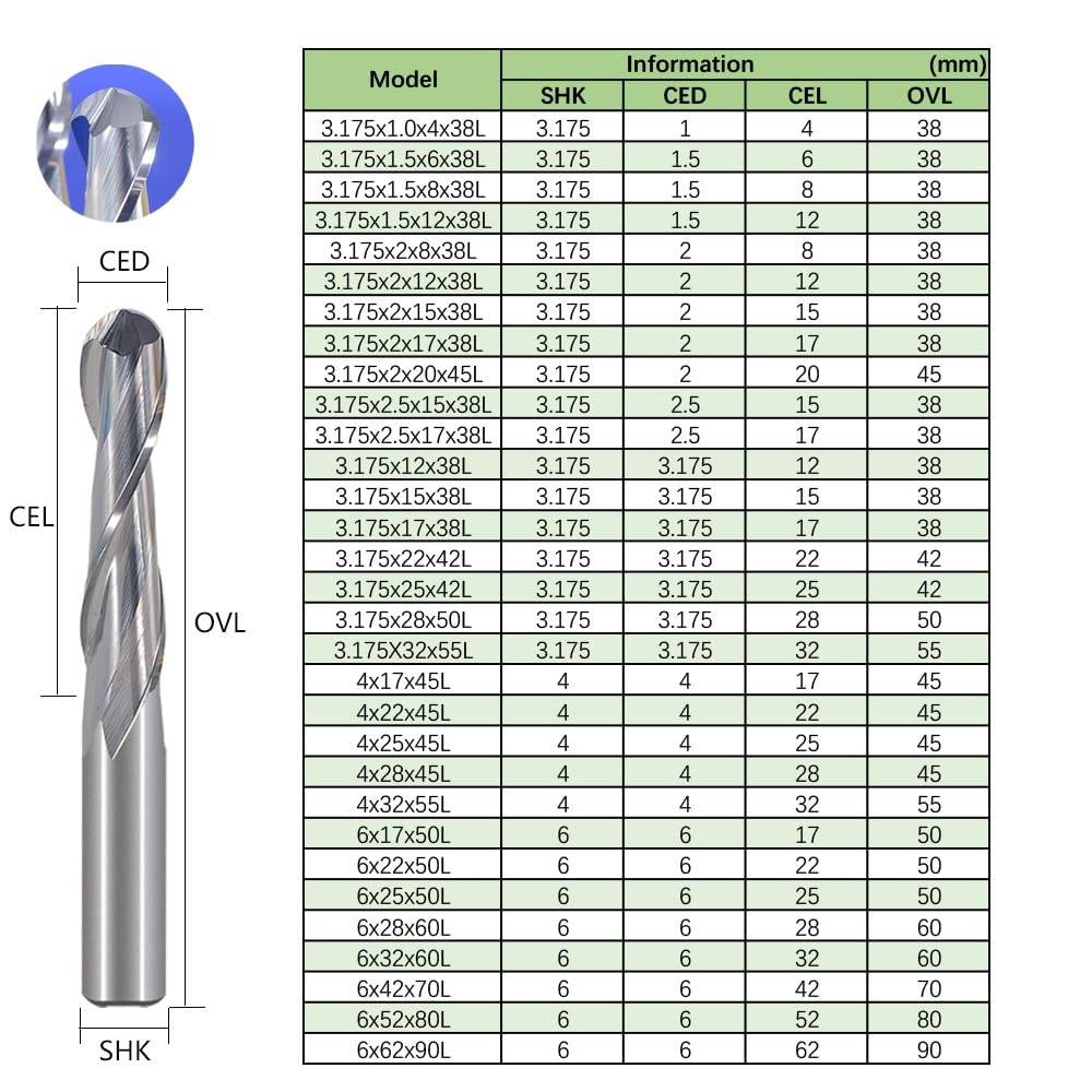 10 fresas de punta esférica 3,175/4/6 mm, 2 filos, for fresadora madera, carburo, herramientas metal con cabeza redonda CNC(4x22x45L)