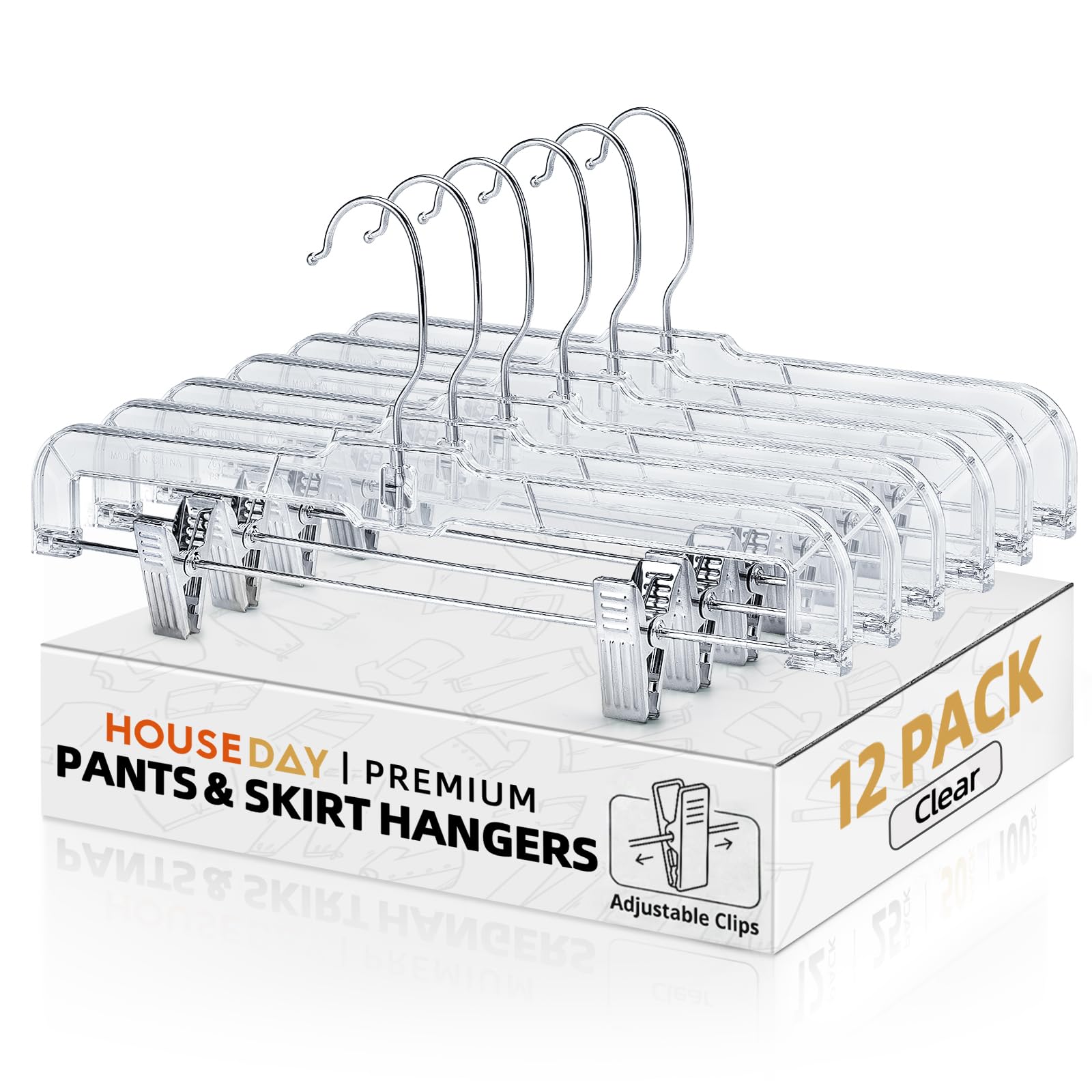 HOUSE DAY 14 Inch Clear Pants Hangers with Clips 12 Pack