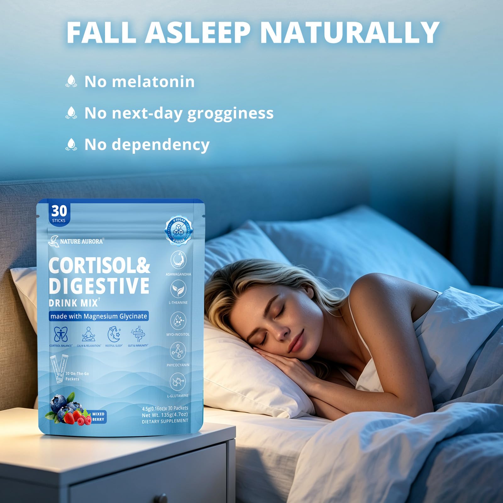 Calming Cortisol Supplement for Women, Calm Magnesium Glycinate Powder Drink Mix with Ashwagandha, Blue Spirulinac, L-Theanine, GABA, For Cortisol Balance Sleep Relax Mood, Mixed Berry , 30 Ct — Amazon image 5