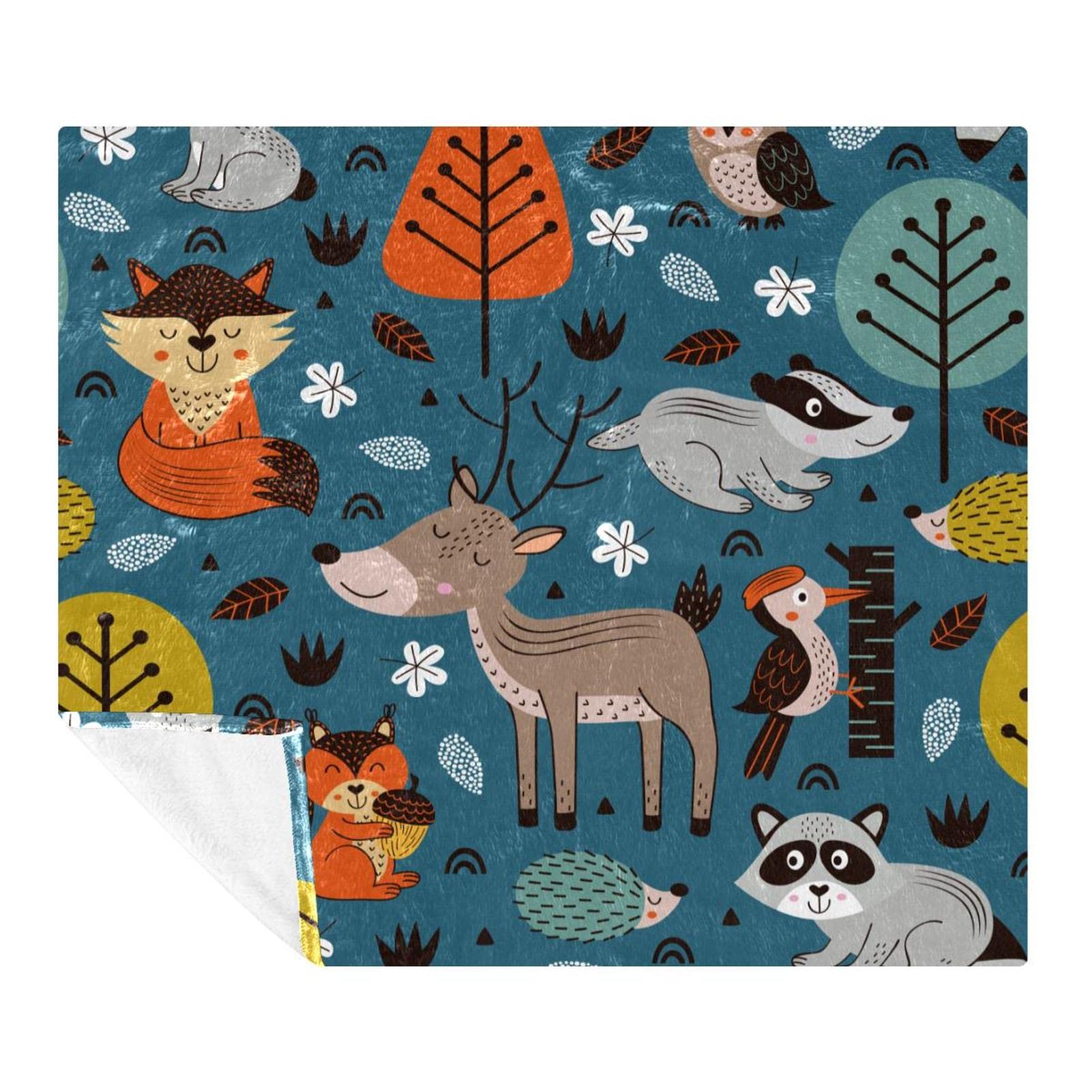 Couverture douce pour canapé et lit motif renard et chouette