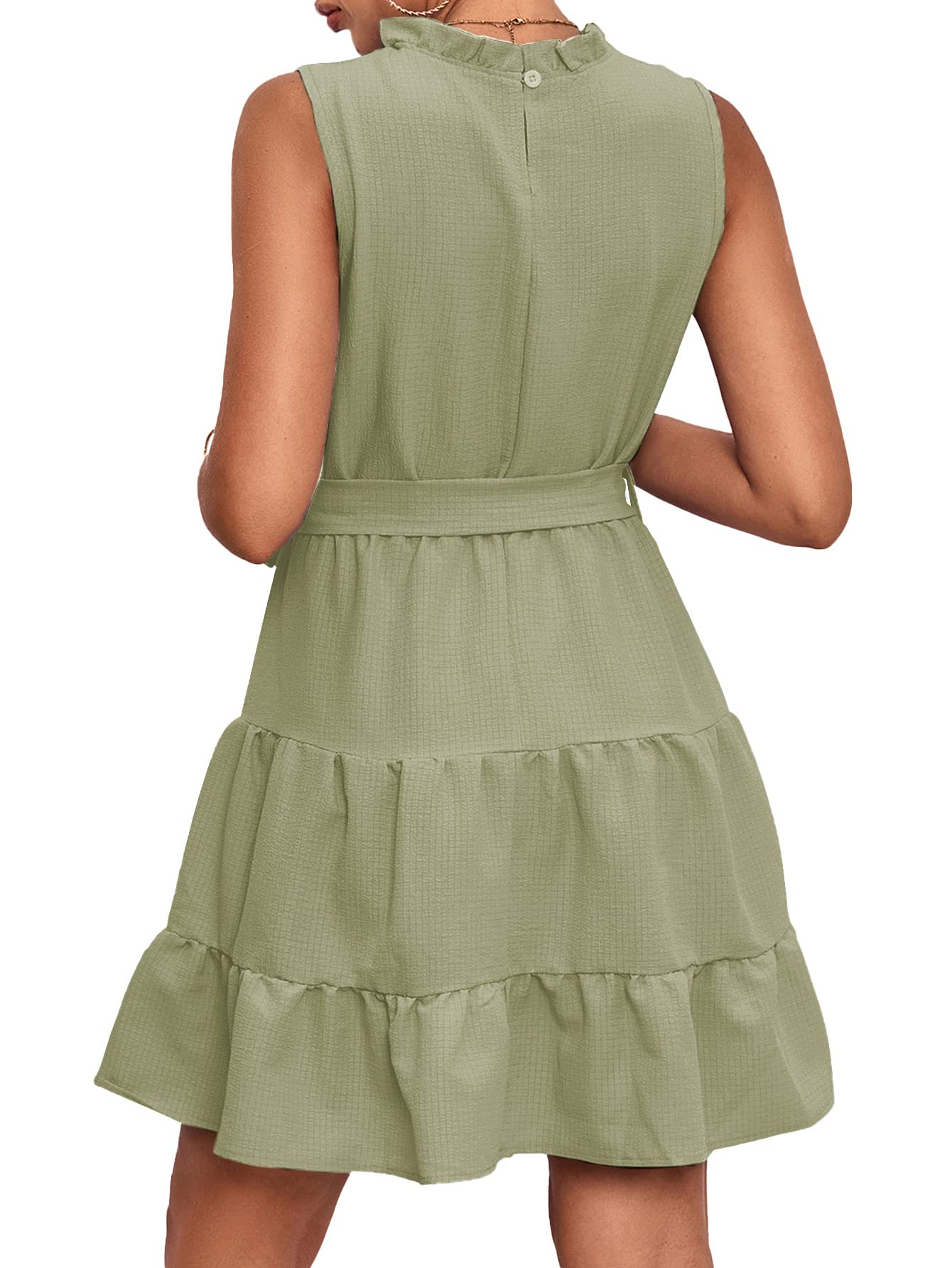 Umenlele Vestido corto para mujer, con cuello redondo, sin mangas, con nudo de corbata, cintura alta, volantes en capas, Verde guisante, M