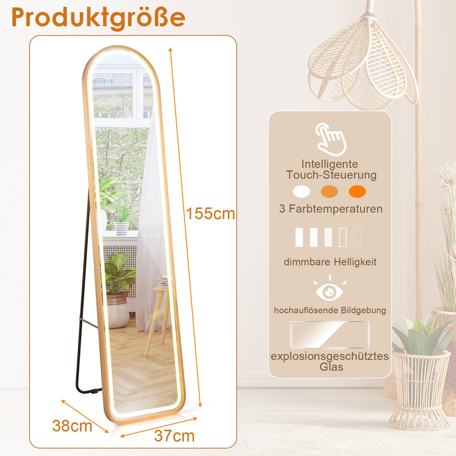 RELAX4LIFE LED Ganzkörperspiegel, 2-in-1 Standspiegel mit 3 Farben dimmbar, Wandspiegel mit Alu-Rahmen & Touch-Schalter, Spiegel für Wohnzimmer Schlafzimmer Eingangsbereich, 155 x 37 cm (Bogen)