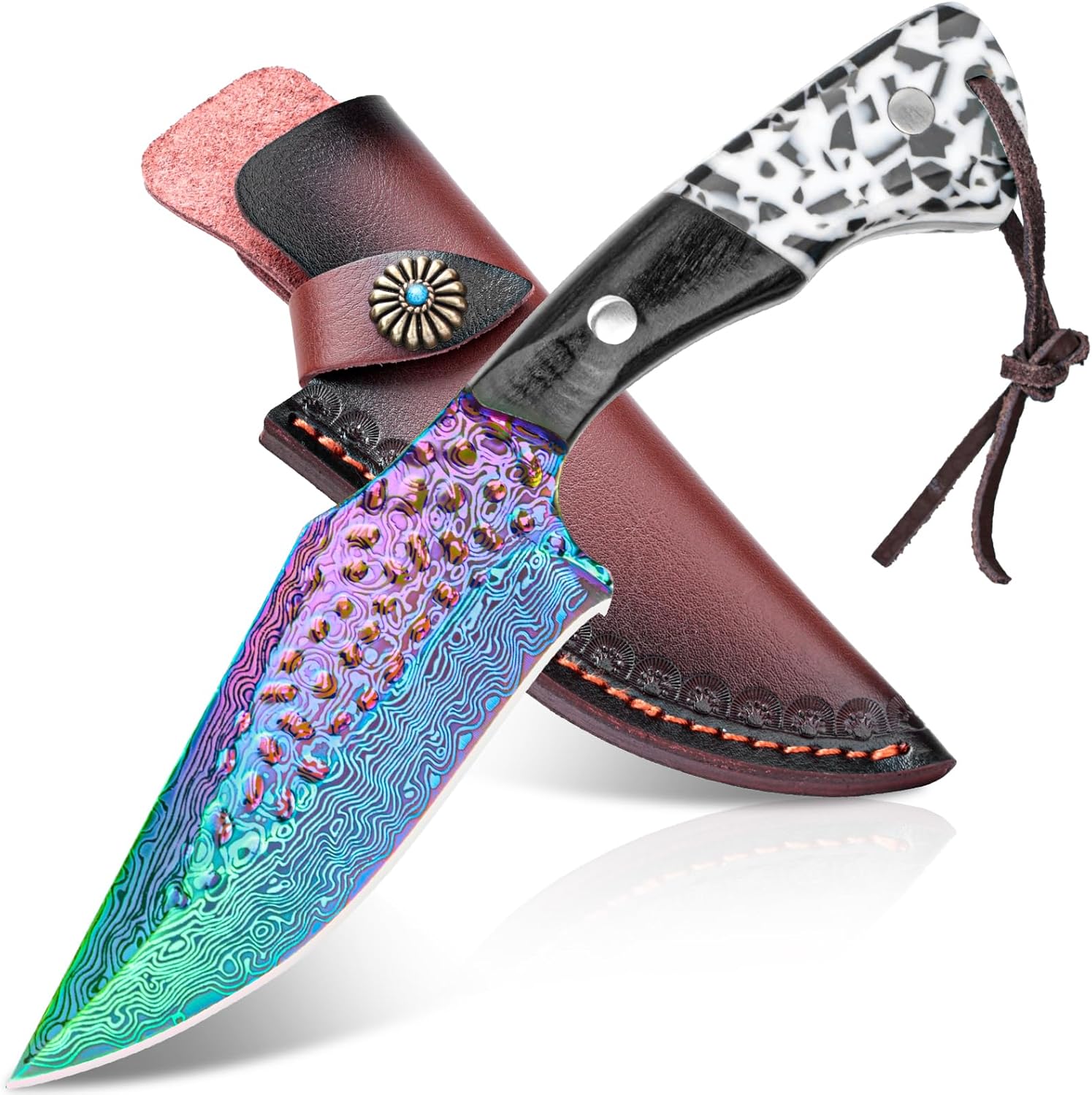 4.2" Damascus Hunting Knife with Leather Sheath – Rainbow Titanium Coating, German High-Carbon Steel, Two-Tone Wood Handle, EDC Outdoor Knife