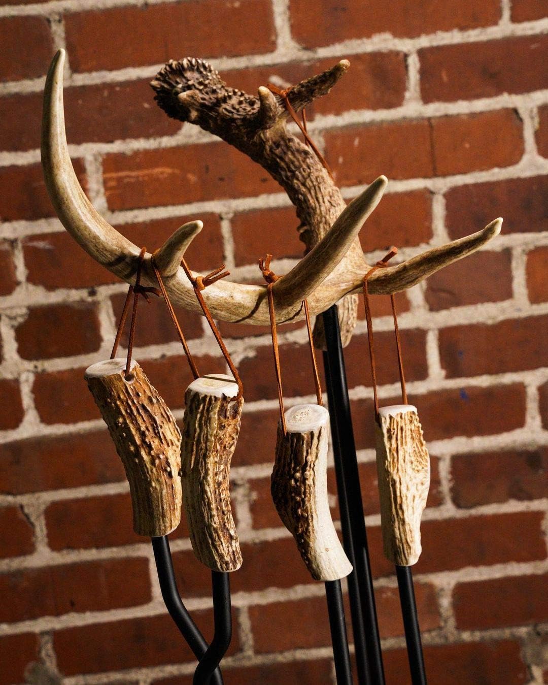 Perfect Pet Chews Antler Fireplace Set (Whitetail Deer) - Includes Four Fireplace Tools: Poker, Brush, Shovel, Tongs and Stand - with Real Antler Handles