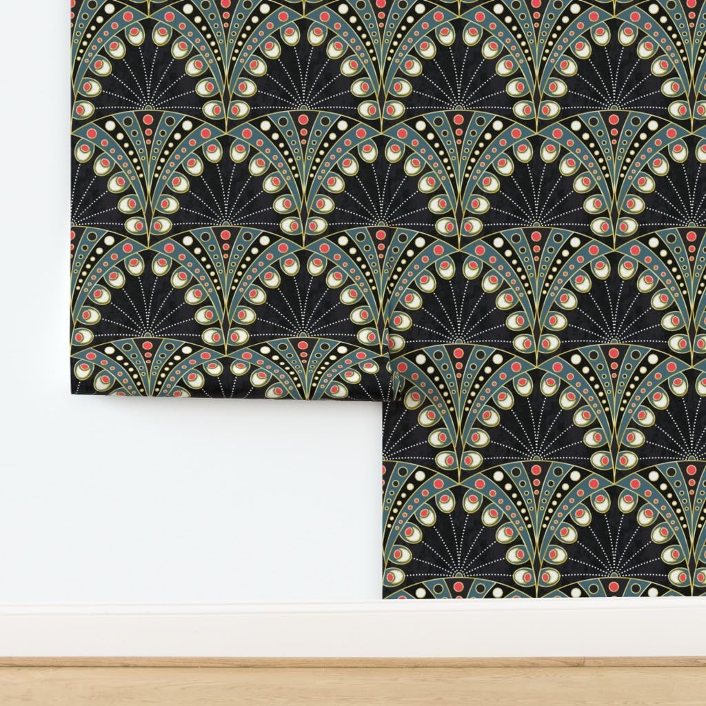 Removable Wallpaper 3ft x 2ft - Art Deco Peacock Feathers Black Teal Gold Geometric Abstract Custom Pre-Pasted Wallpaper by Spoonflower