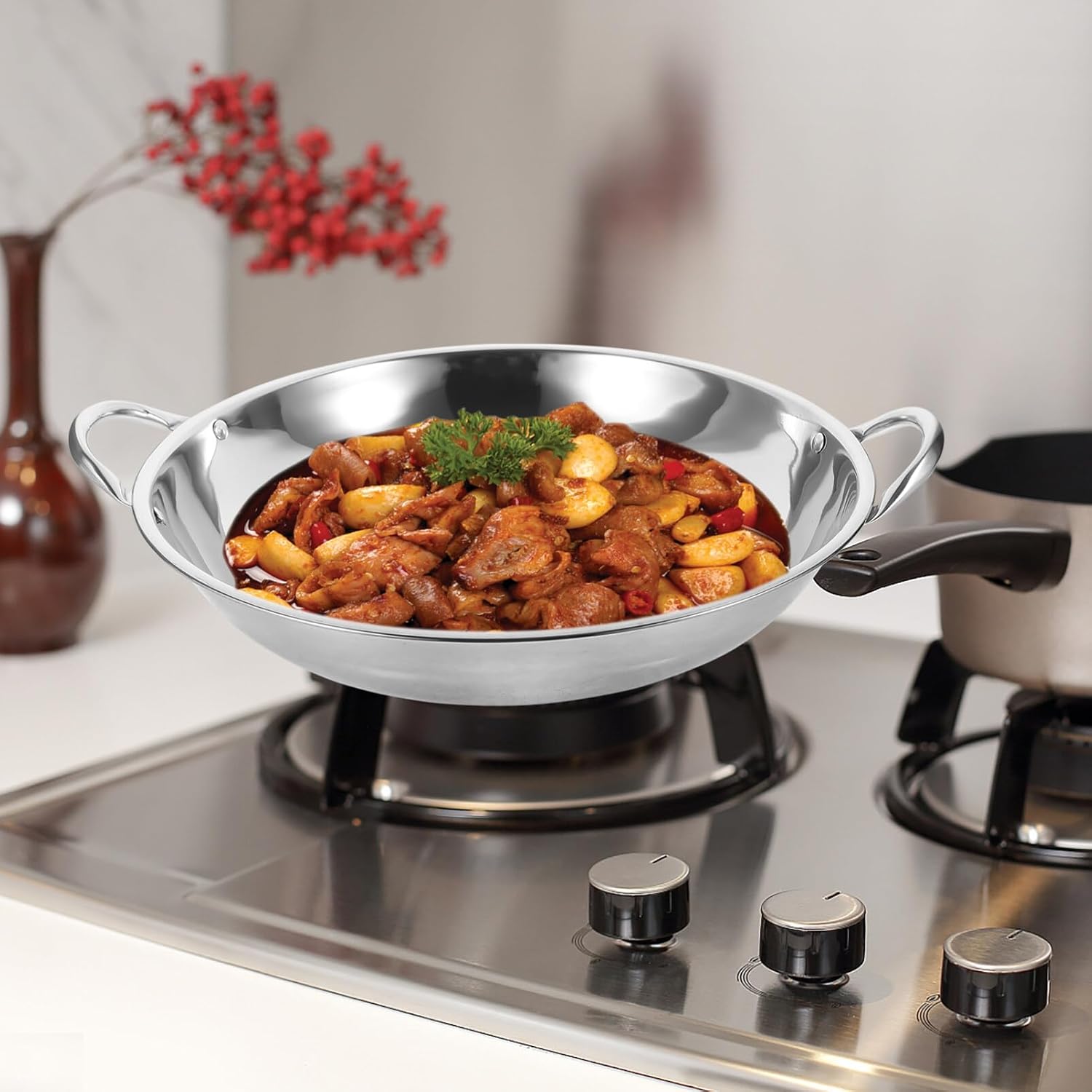 Vaguelly Stainless Steel Small Hot Pot Pan with Double Handles