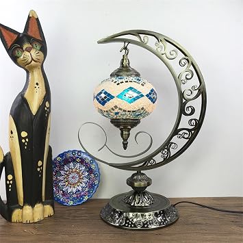 Turkish Moon Table Lamp Moroccan Handmade Mosaic Desk Lights Bohemian Retro Globe Bedside Night Lamps for Bedroom Kids Room Restaurant Cafe Bar,E
