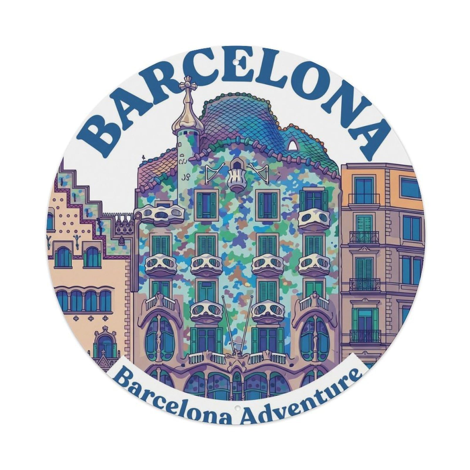 Barcelona Modernist Mosaic Landmark Vintage Catalan Travel Metal Tin Sign Plaque Wall Decor for Cafe, Man Cave, Club Bar, Office, Home Garden Round Metal Poster 8x8Inch