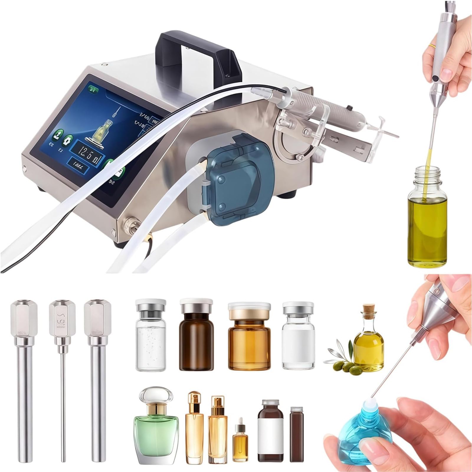 Automatyczna maszyna do napełniania małych butelek płynami, z panelem LCD i dyszą igłową; dozowanie w zakresie 1–100 ml, do olejków eterycznych, perfum i kropli do oczu. HD1380