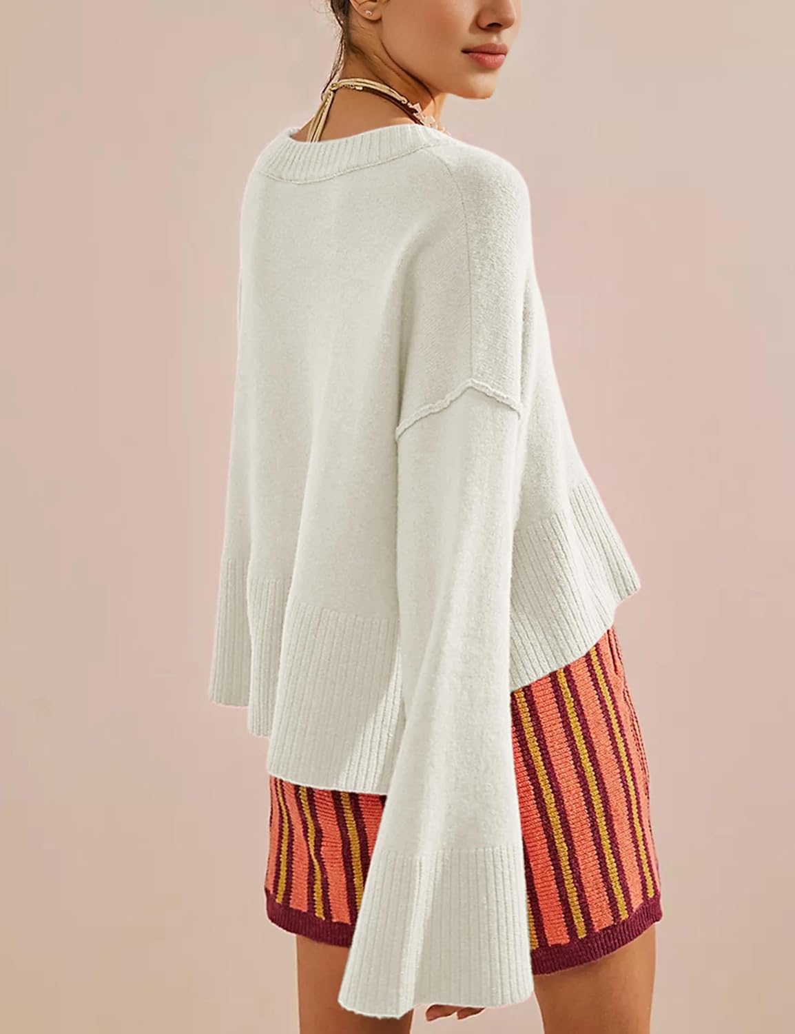 Lightweight Sweaters for Women Bell Long Sleeve Crewneck Batwing Knit Tops Casual Oversized Jumper - Image 2