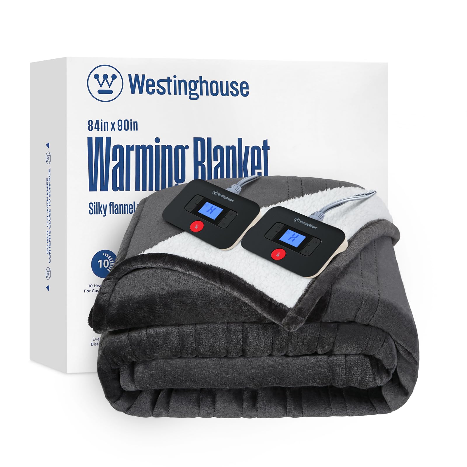 Westinghouse Electric Blanket Queen, Heated Blanket Queen Size with 10 Heating Levels and 1 to 12 Hours Heating Time Settings, Flannel to Sherpa Reversible, Machine Washable (84" x 90", Charcoal)