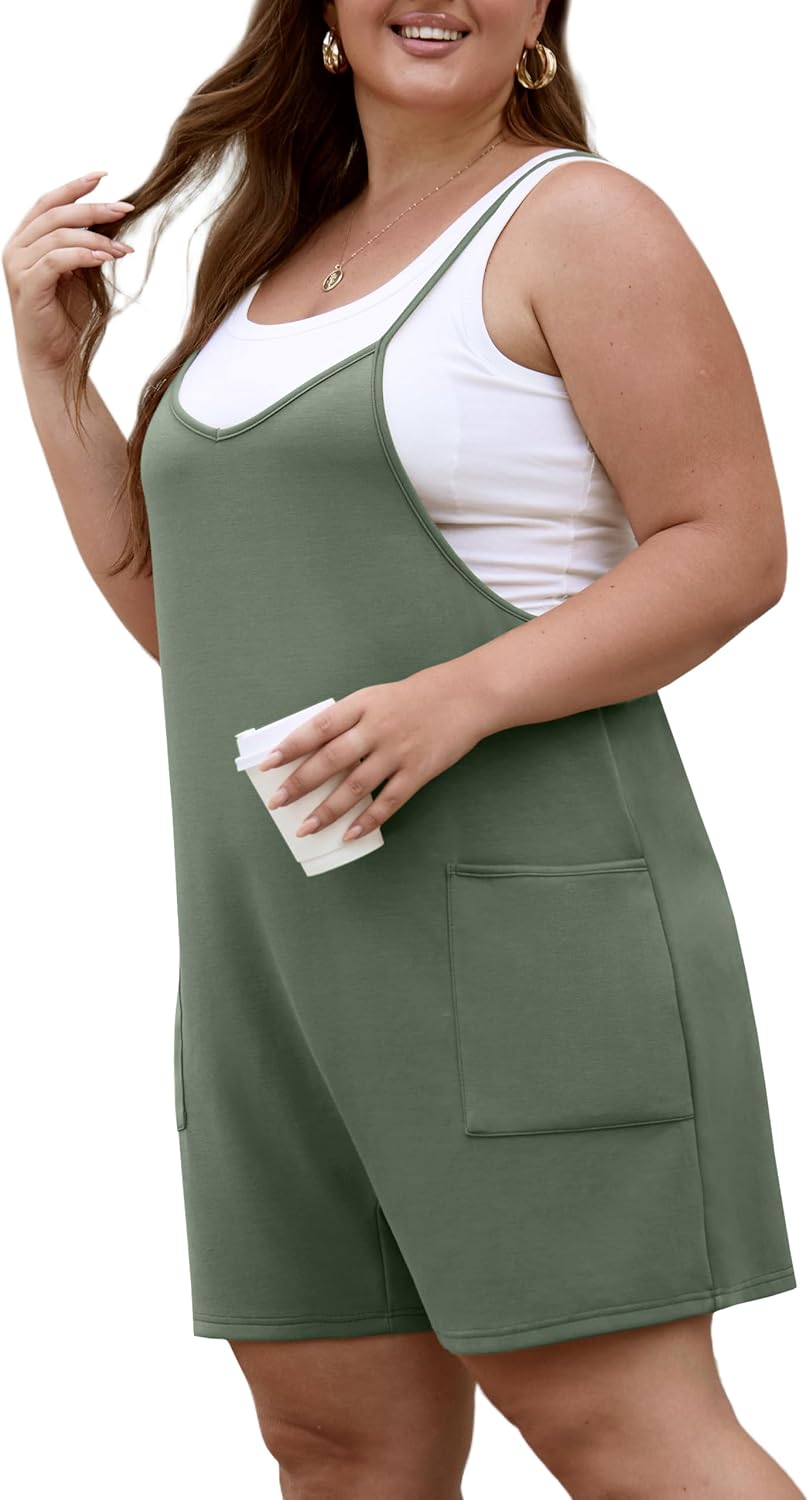 OLRIK Womens 2026 Summer Plus Size Romper Adjustable Spaghetti Strap Jumpsuits With Pockets Sleeveless Casual Overall Shorts - Image 4