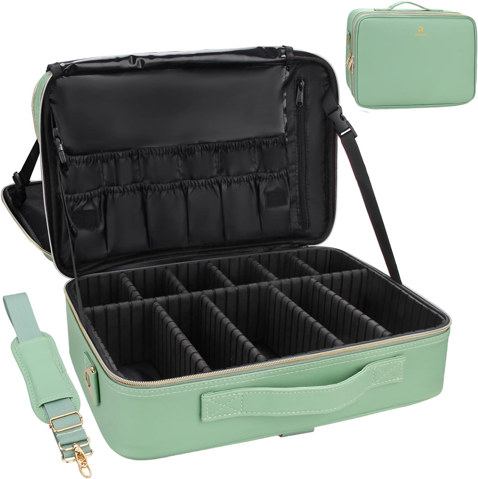 Relavel Makeup Case Large Makeup Bag Professional Train Case Travel Cosmetic Organizer Brush Holder Waterproof Makeup Artist Storage Box, 3 Layer Large Capacity (Green)