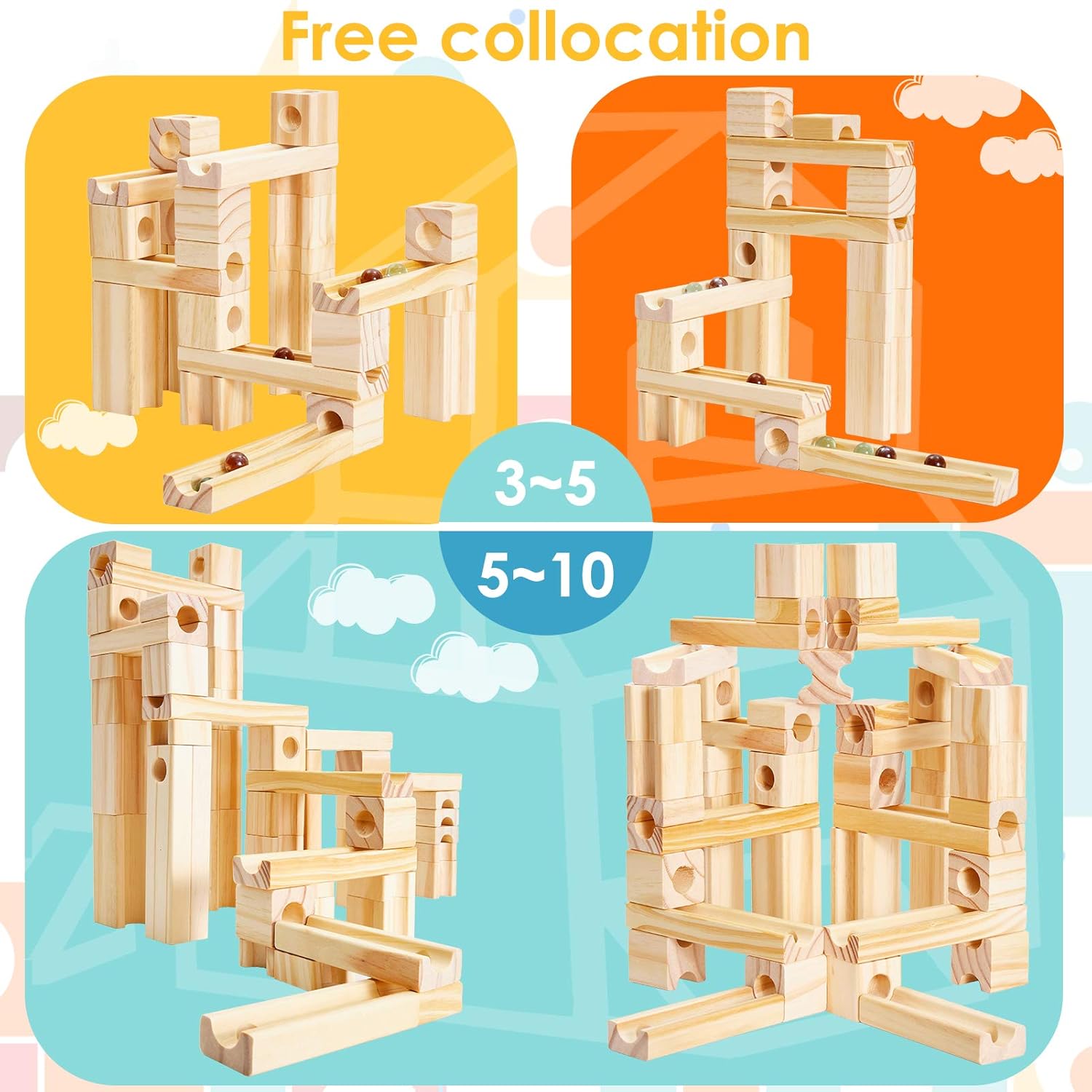 Onshine 60PCS Wooden Marble Run Construction Building Blocks Toy, Ball