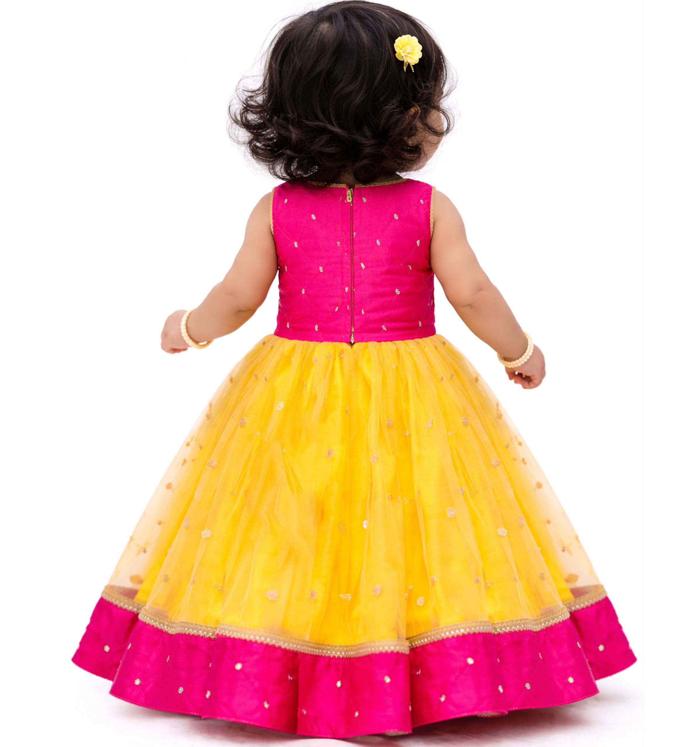 Stanwells Girls Designer Lehenga Choli Set Yellow and Rani Pink Readymade Pattu Pavadai Style Traditional Ethnic Festive Wedding Party Dress 7-8 Years