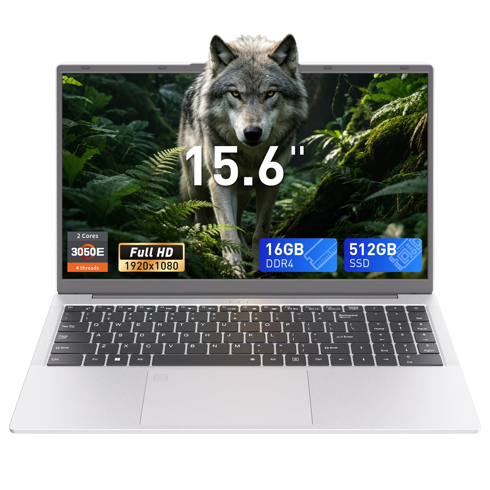 Auusda Laptop 15,6 Zoll Notebook, 16GB DDR4 RAM 512GB SSD, 3050E Prozessor, Fingerabdrucksensor, beleuchtete Tastatur, Ziffernblock, Privacy-Kameraabdeckung, leichtes Notebook für Schule & Büro,Silber