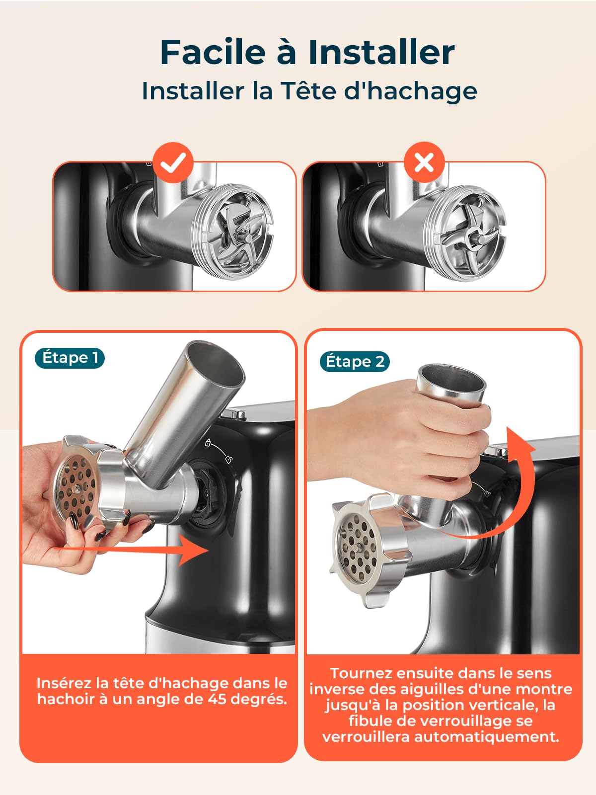 FOHERE Hachoir à Viande Électrique, 2000W Moteur à Courant Continu Hachoir Électrique Avec 2 Lame de Coupe, 3 Plaque de Coupe (7MM/5MM/3MM), Tuyau de Saucisse, Forme-kubbe, Hachoir à Viande Domestique