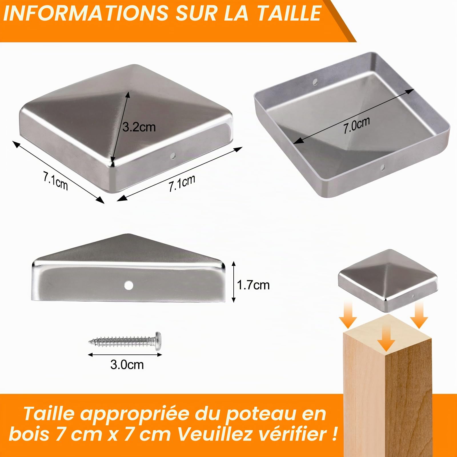 10 Pièces Chapeaux poteau acier galvanisé 7x7 cm, forme pyramidale métal – résistant intempéries & UV, anti-pluie – vis incluses – pour poteaux bois & clôtures – parfait jardin, carport, terrasse