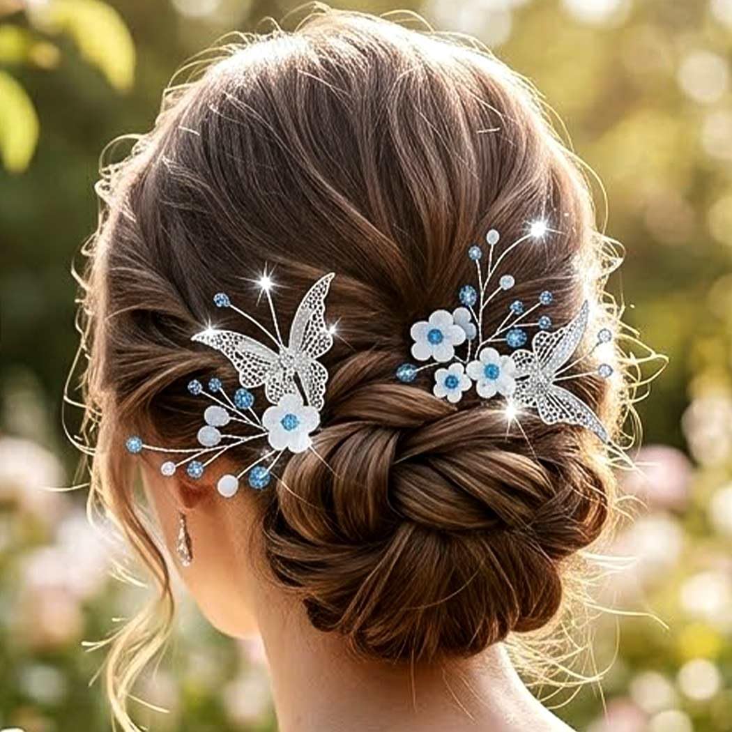 Butterfly Bridal Hair Pins Flower Blue Wedding Hair Clips for Women image 3