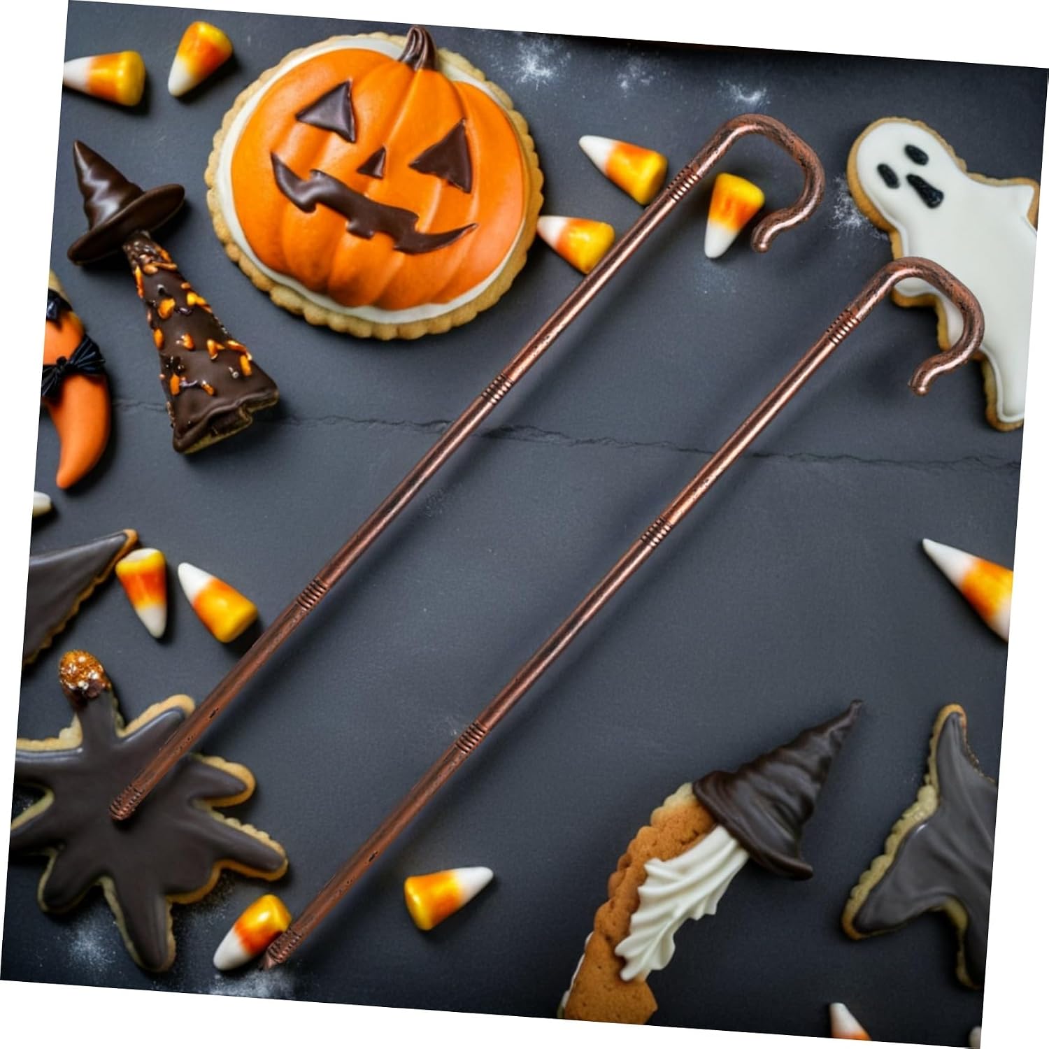 SHERCHPRY 2pcs Halloween Crutch Props for Stage Performance Cosplay and Party Decoration Eye-catching Cane for Witch Costumes and Halloween Events Dark Brown