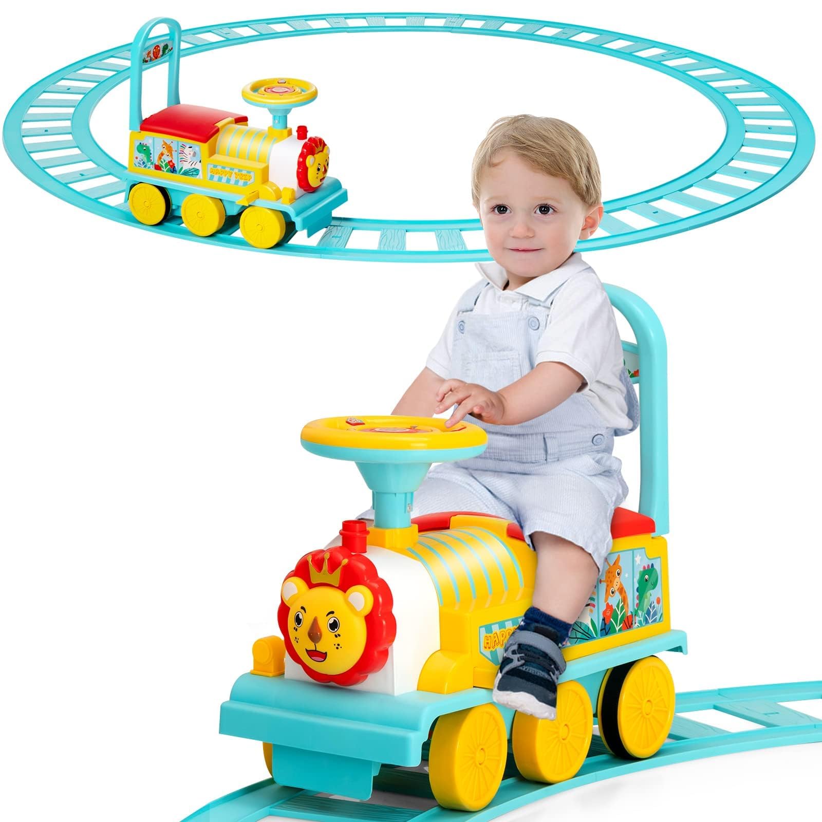 RELAX4LIFE 2 in 1 Macchina Elettrica per Bambini e Trenino Elettrico per Bambini con 16 Pezzi di Binari, Musica, Luci, Pedali Retrattili, 2 Anni+ (BLU 3)