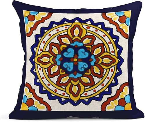 Miniatura 8 de Semtomn Juego de 4 fundas de almohada de lino Talavera Española Geometría Exótica Oscuro Retro Étnica Decoración para el Hogar 16 x 16 pulgadas,