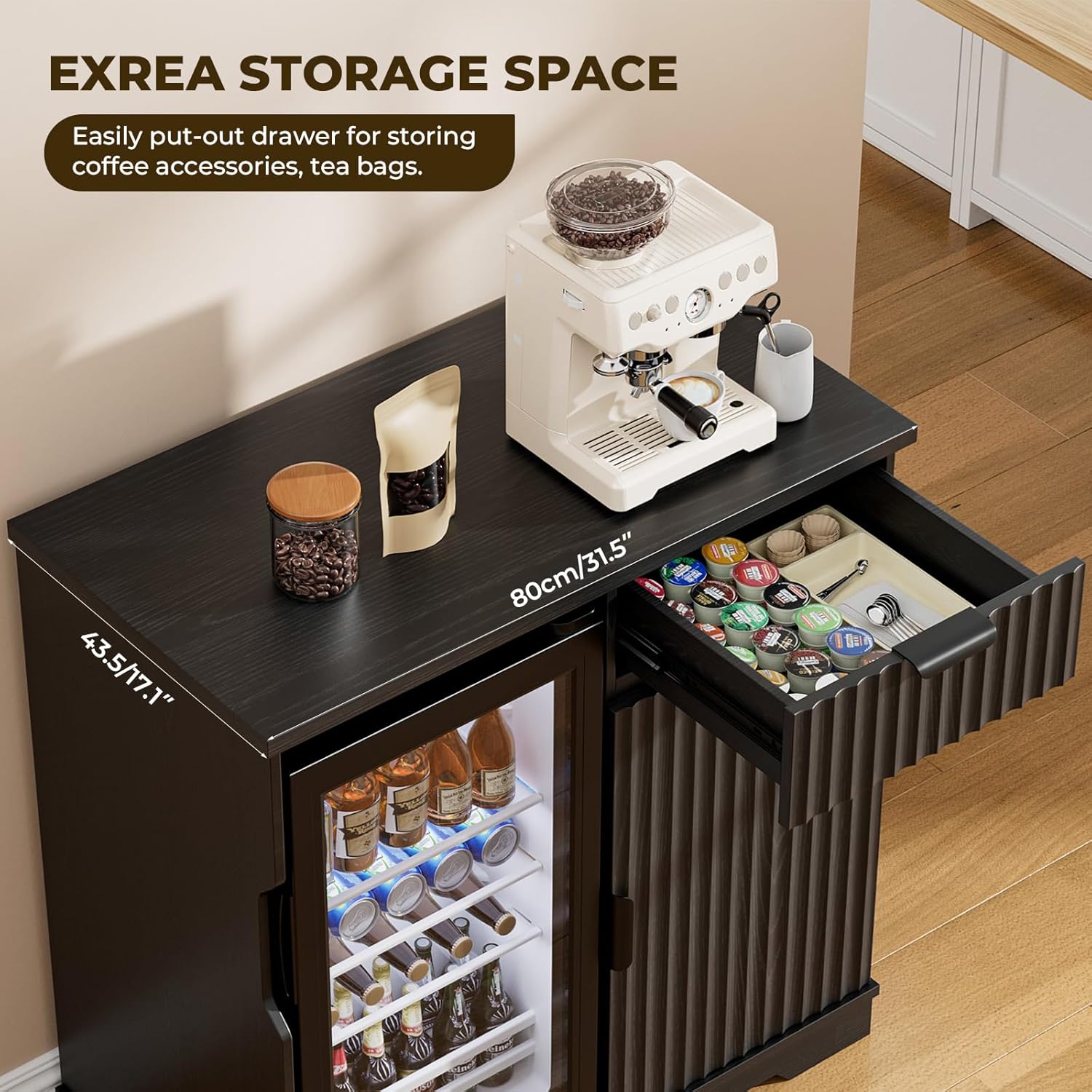 Mini Fridge Cabinet (Fridge Included), Fluted Coffee Bar Cabinet with Refrigerator, Pull Out Drawer & Storage Cabinets, 31.5" Liquor Wine Bar Cabinet for Home, Kitchen, Dining Room, Blac